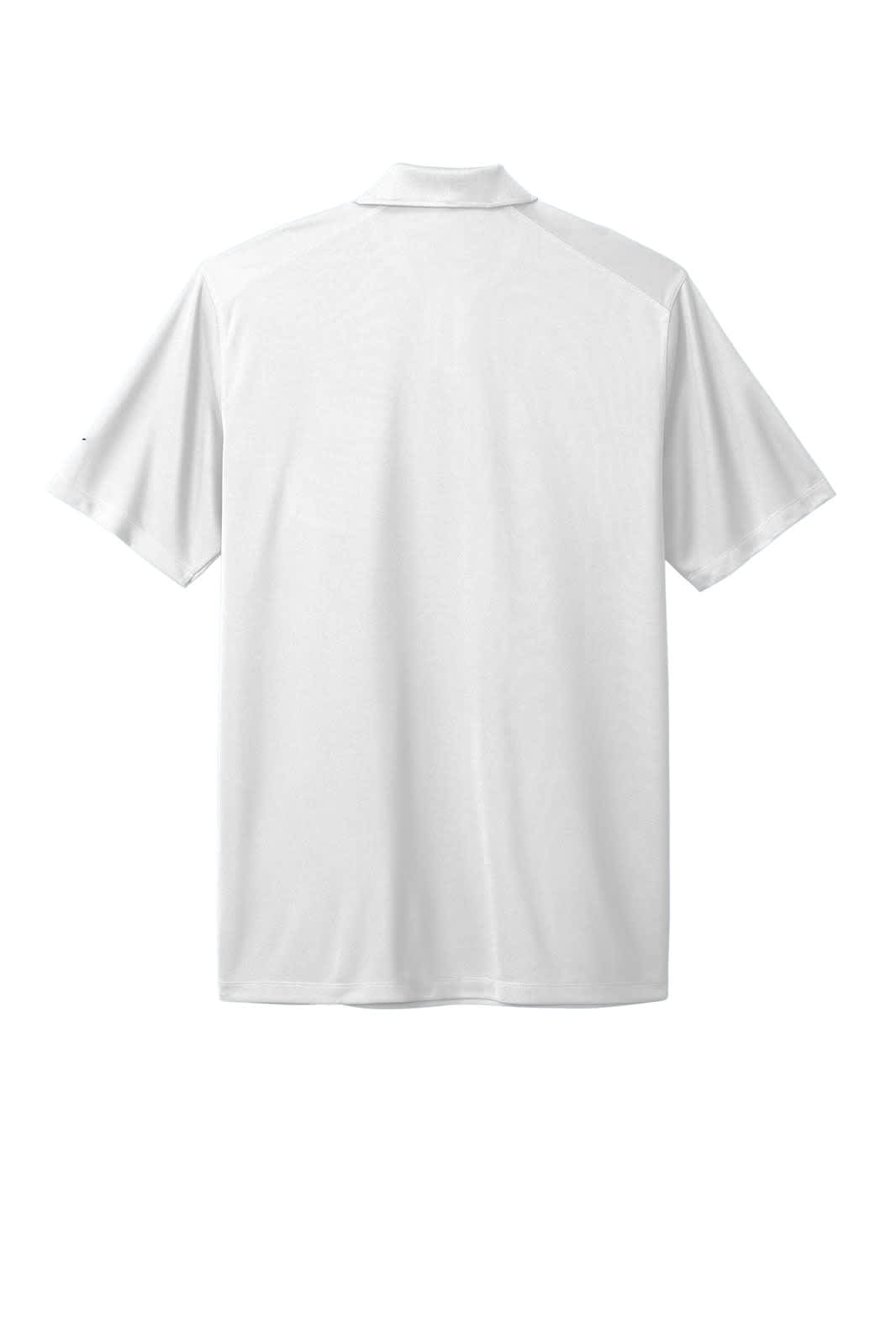 A white polo shirt with a relaxed fit, featuring short sleeves and a collar. It has a logo on the design.