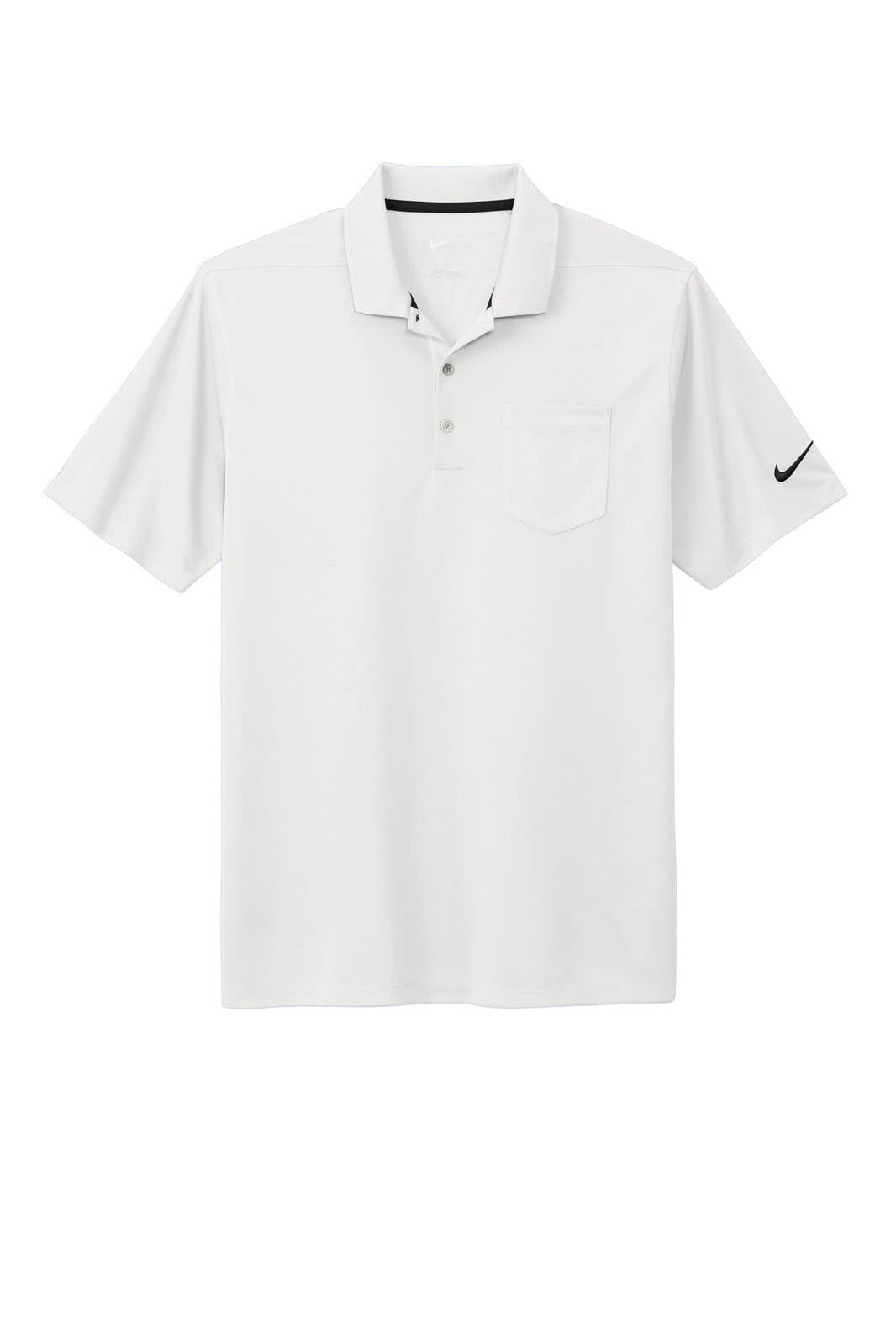 A white polo shirt featuring a pocket and a logo, made from Nike Dri-FIT Micro Pique fabric.