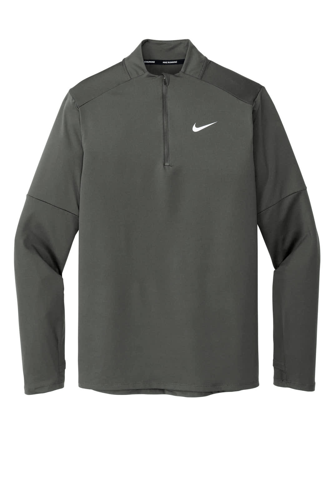 A grey Nike Dri-FIT Element 1/2-Zip Top with long sleeves and a collar, featuring a logo.