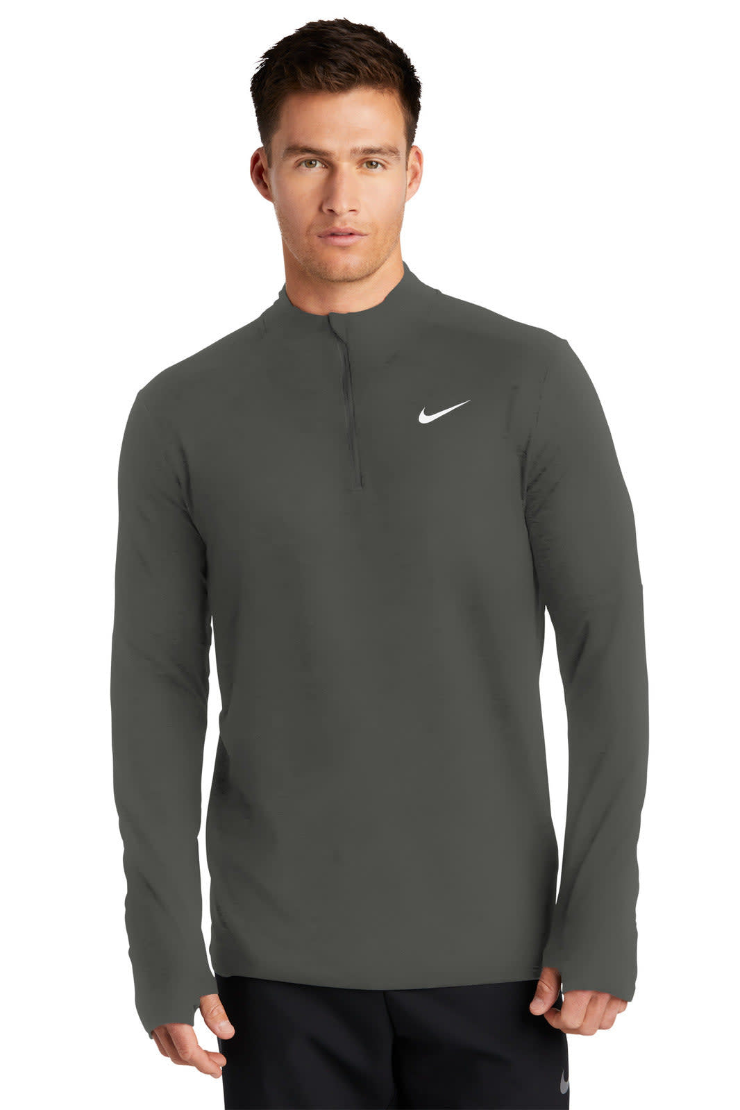 A long-sleeve, dark grey Nike Dri-FIT Element 1/2-Zip Top with a logo on the chest.