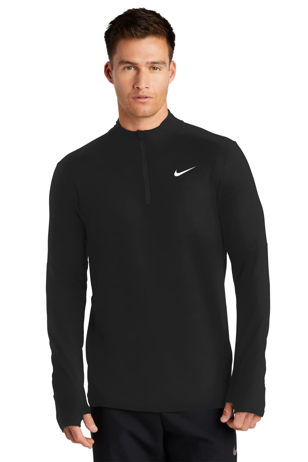 A black Nike Dri-FIT Element 1/2-Zip Top worn by a male model, featuring long sleeves and a branded logo.