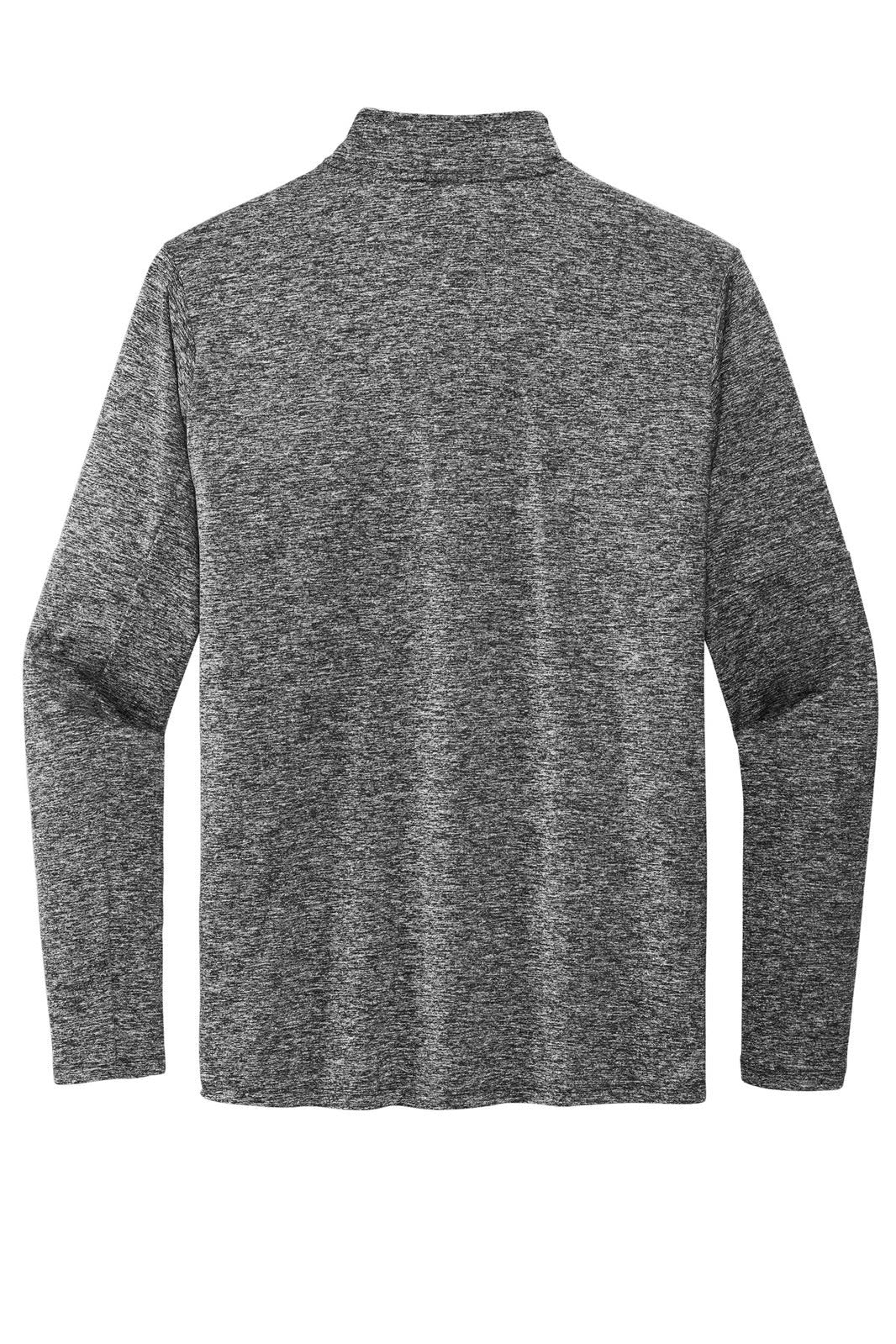 A long-sleeve grey jumper with a half-zip collar and a logo on the back.