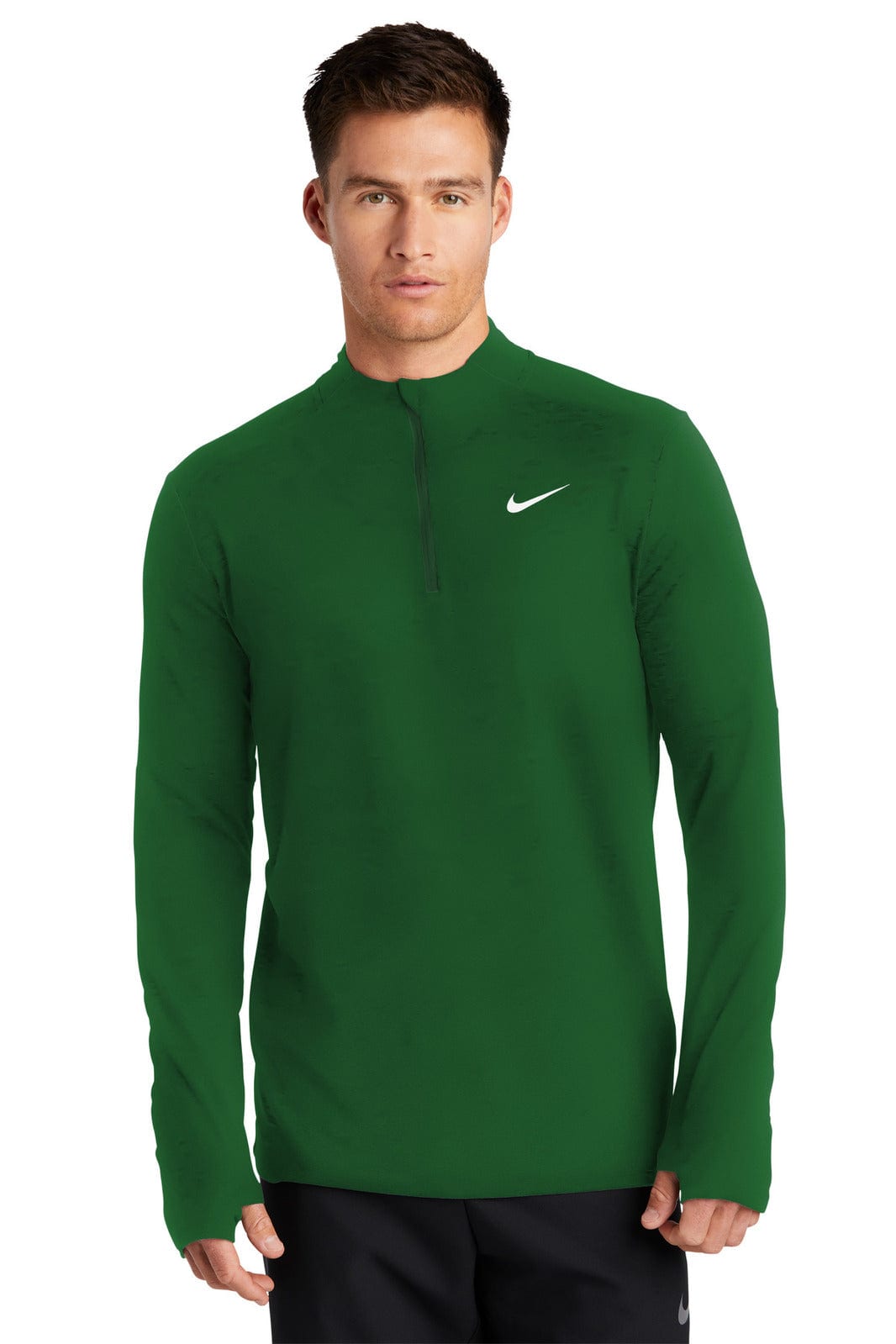 A green long-sleeve top with a half-zip and a logo, featuring a fitted design.