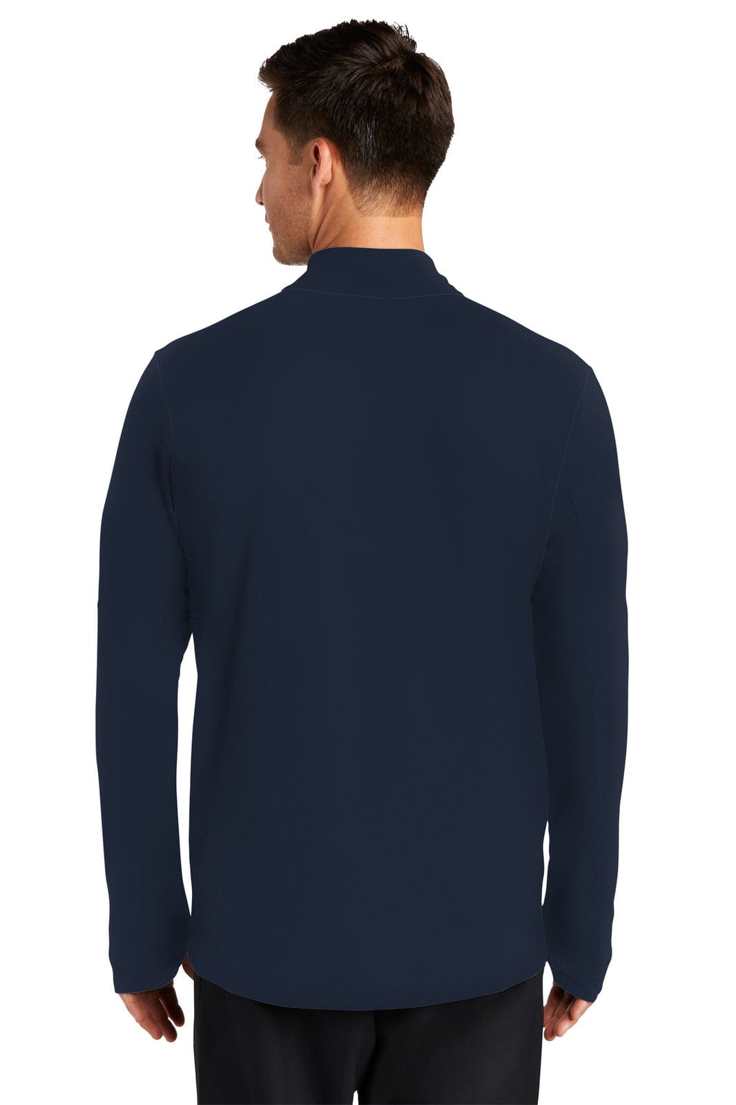 A navy blue long-sleeve jumper with a half-zip design, viewed from the back. It features a logo on the upper back.