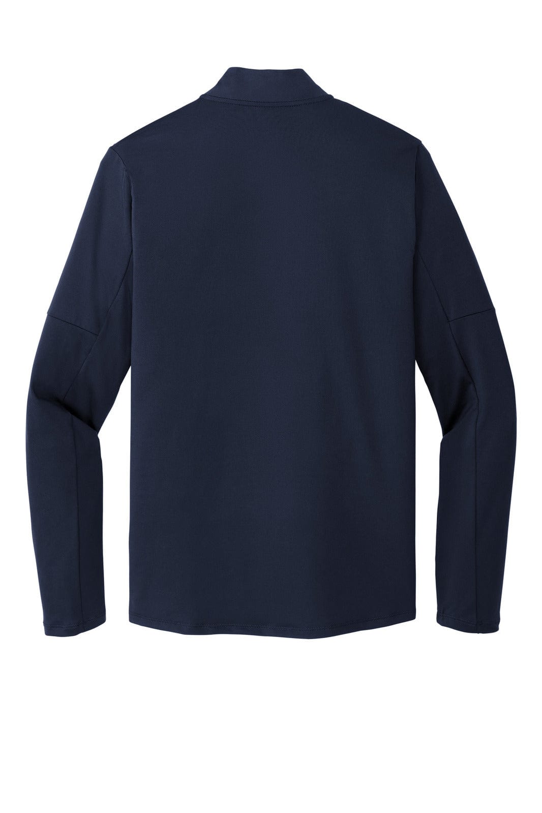 A navy blue long-sleeved top with a half-zip design and a logo on the back.