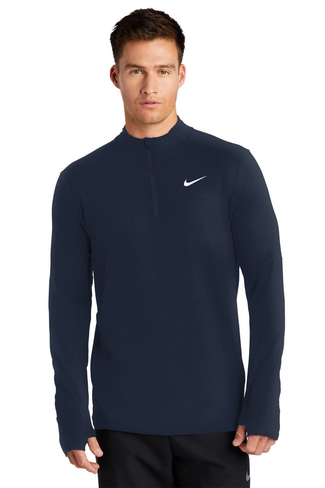 A navy blue Nike Dri-FIT Element 1/2-Zip Top featuring long sleeves and a high collar, with a logo on the chest.