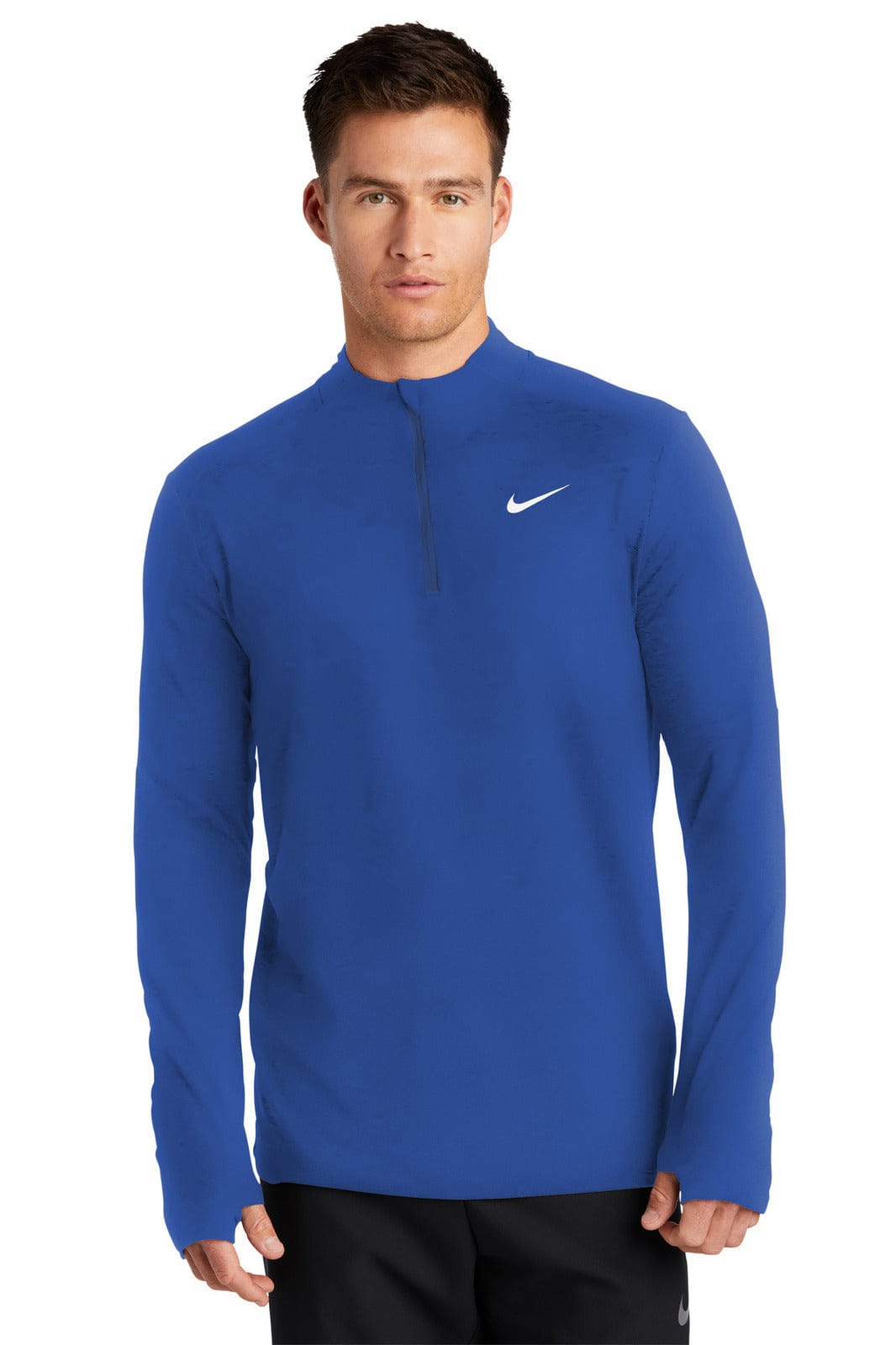 A blue long-sleeve half-zip top with a branded logo and a fitted design.
