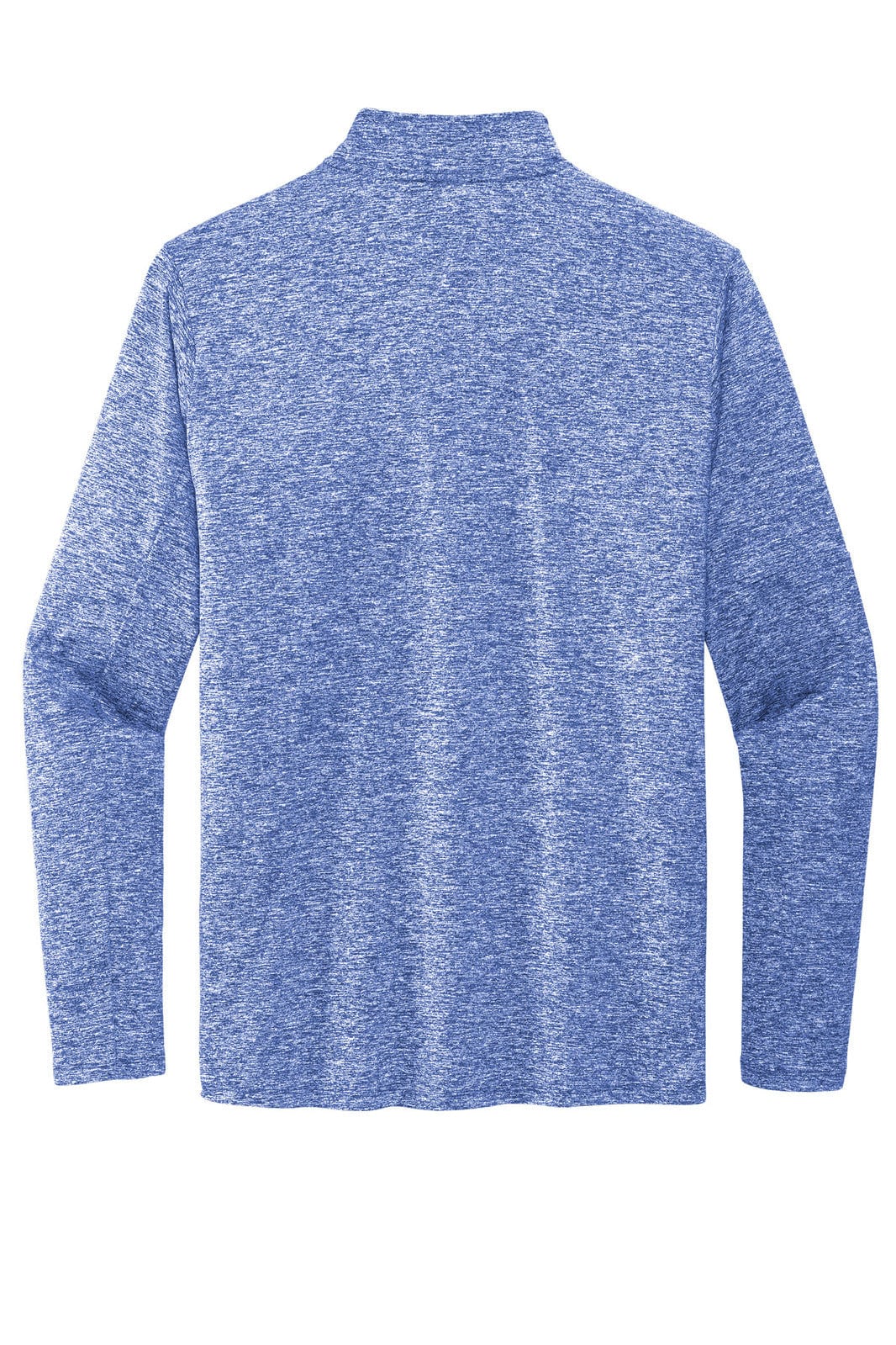 A blue long-sleeve top with a half-zip design and a subtle texture, featuring a branding logo.