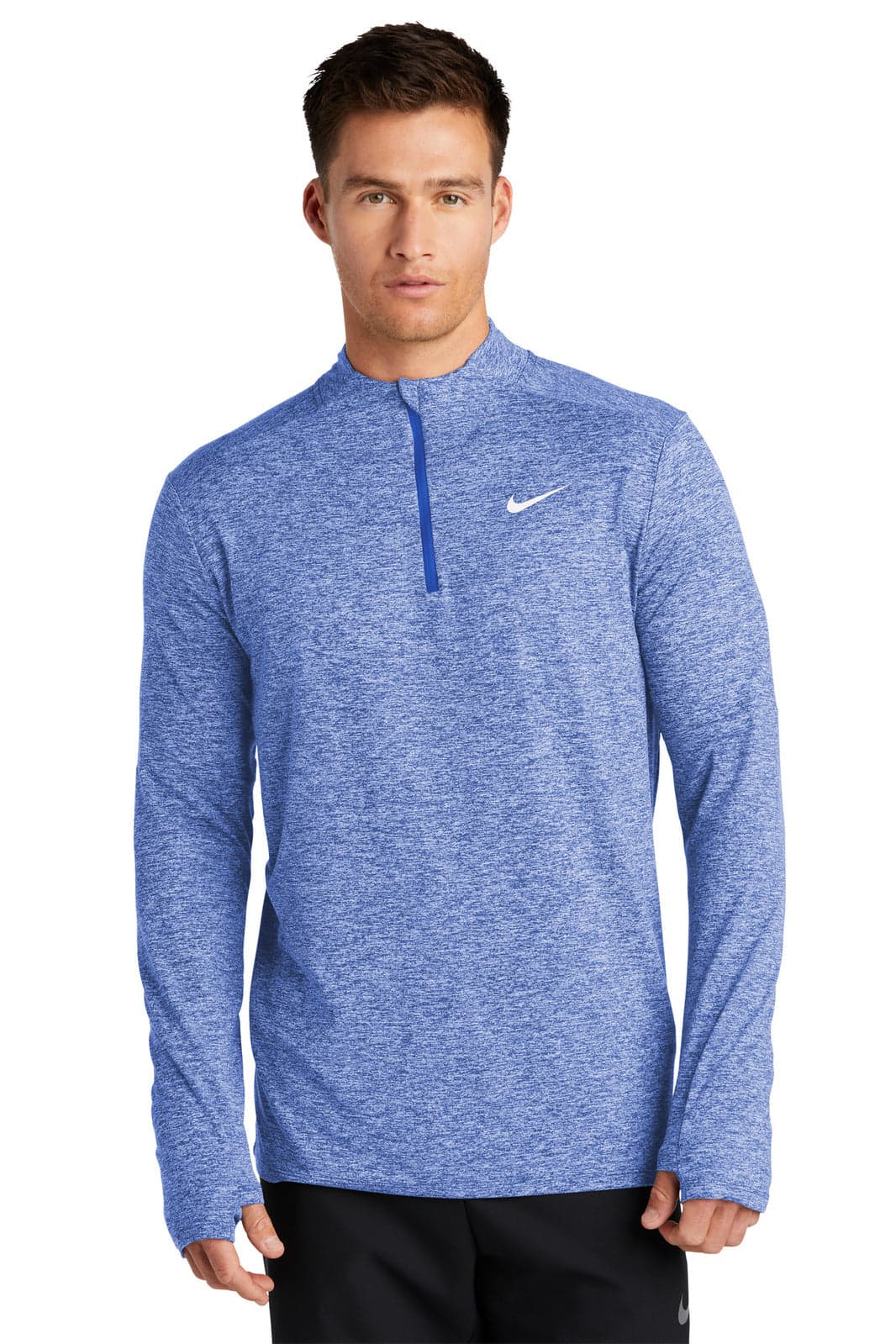 A blue Nike Dri-FIT Element 1/2-Zip Top featuring long sleeves and a high collar, with a logo on the chest.