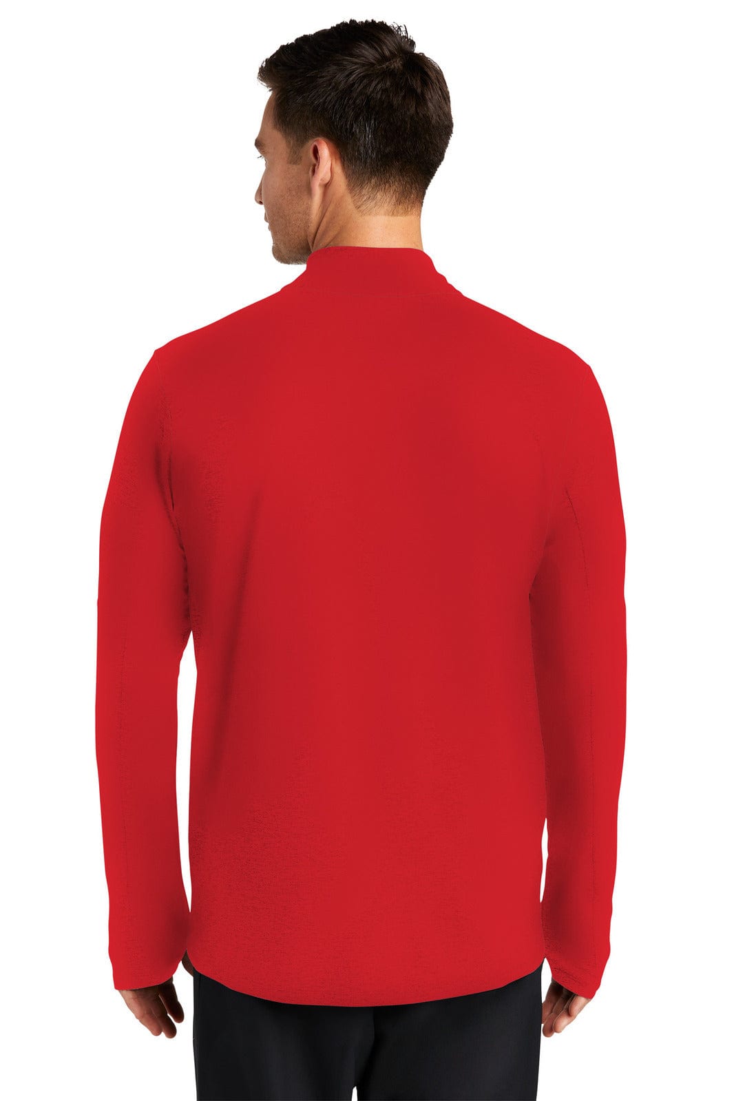A red jumper with a 1/2-zip design, featuring long sleeves and a logo on the back.