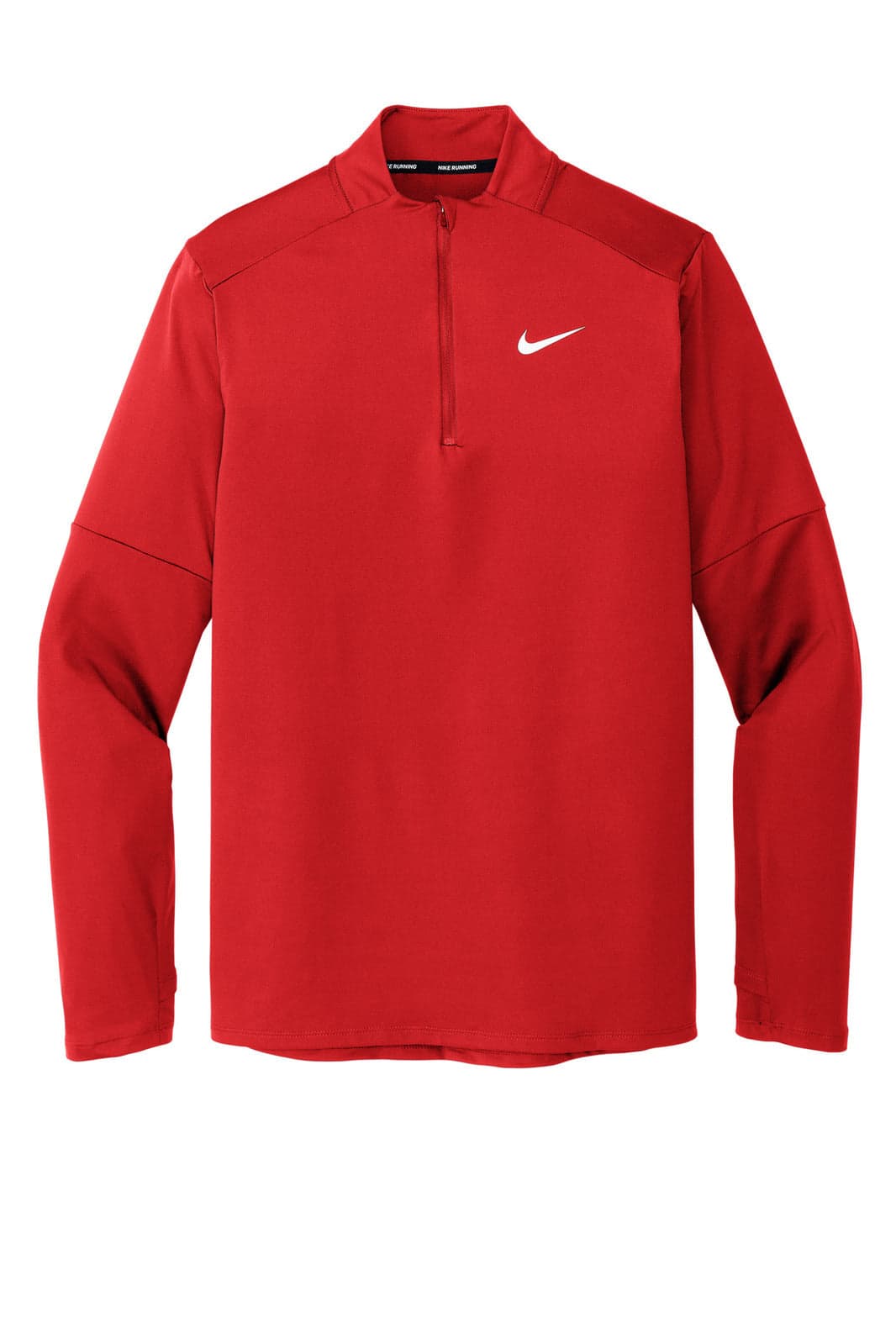 A red Nike Dri-FIT Element 1/2-Zip Top featuring long sleeves and a collar, with a logo on the chest.