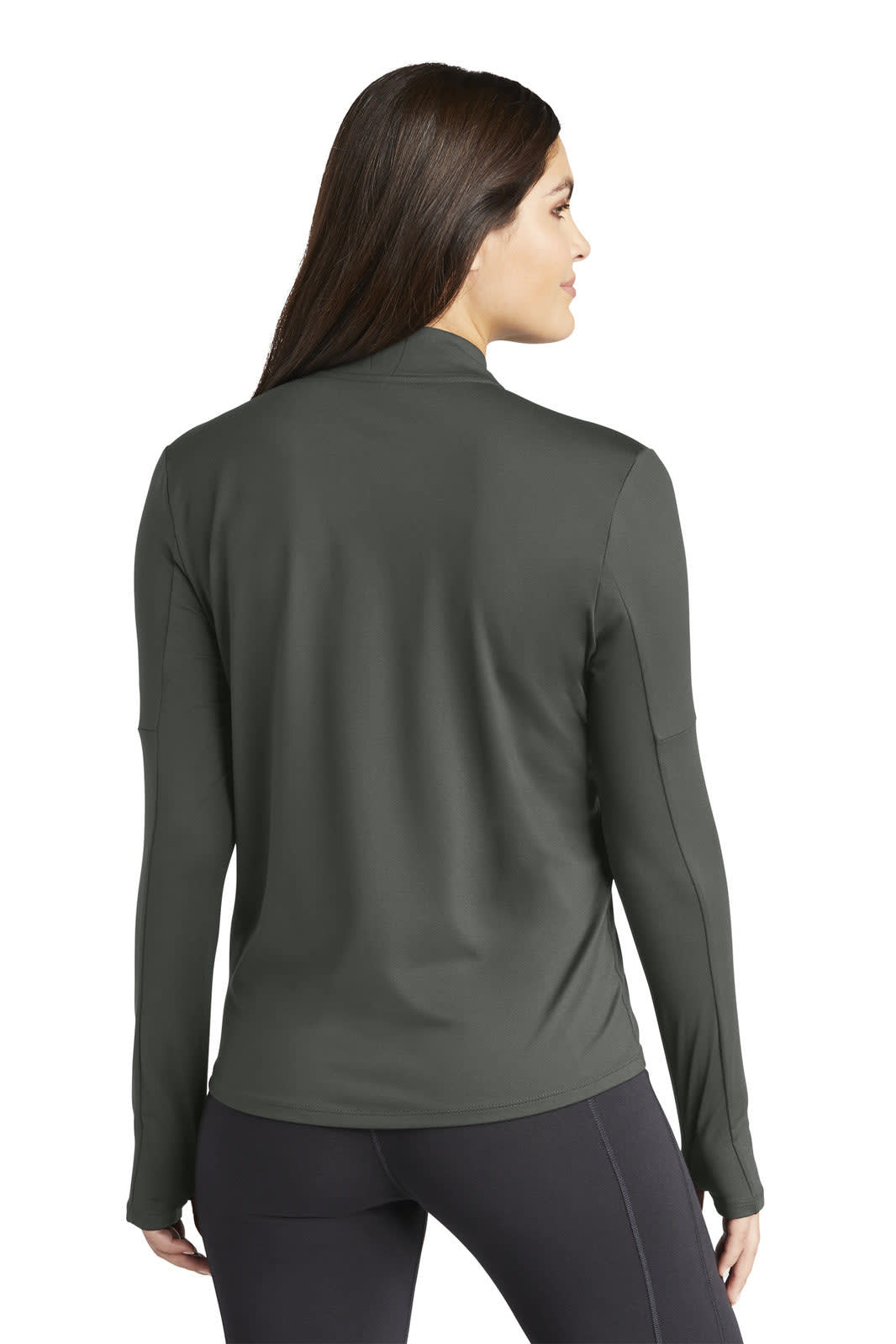 A green ladies' 1/2-zip top with long sleeves, featuring a logo, designed for active wear.