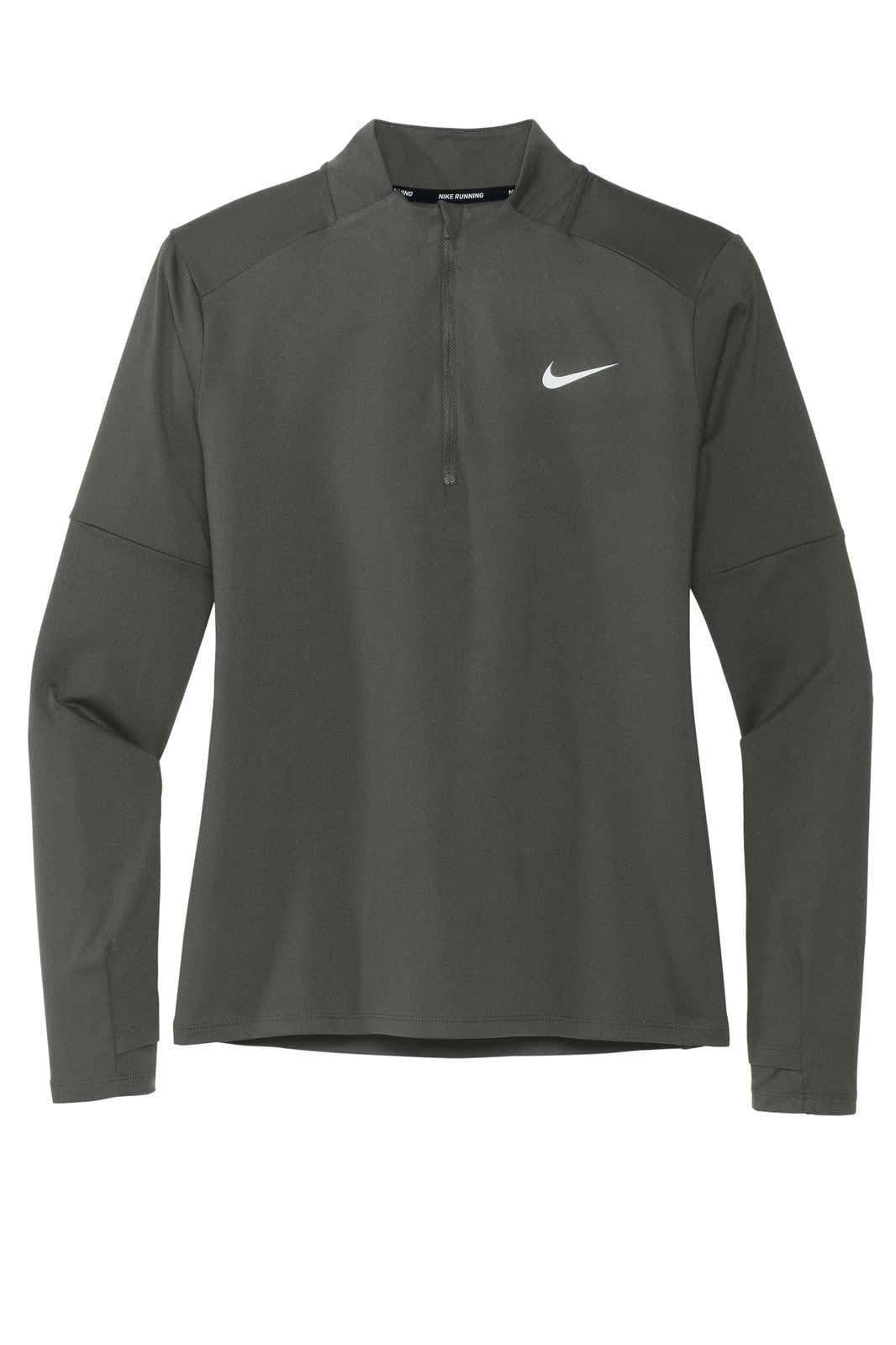 A dark green Nike ladies 1/2-zip top with long sleeves and a logo on the front.