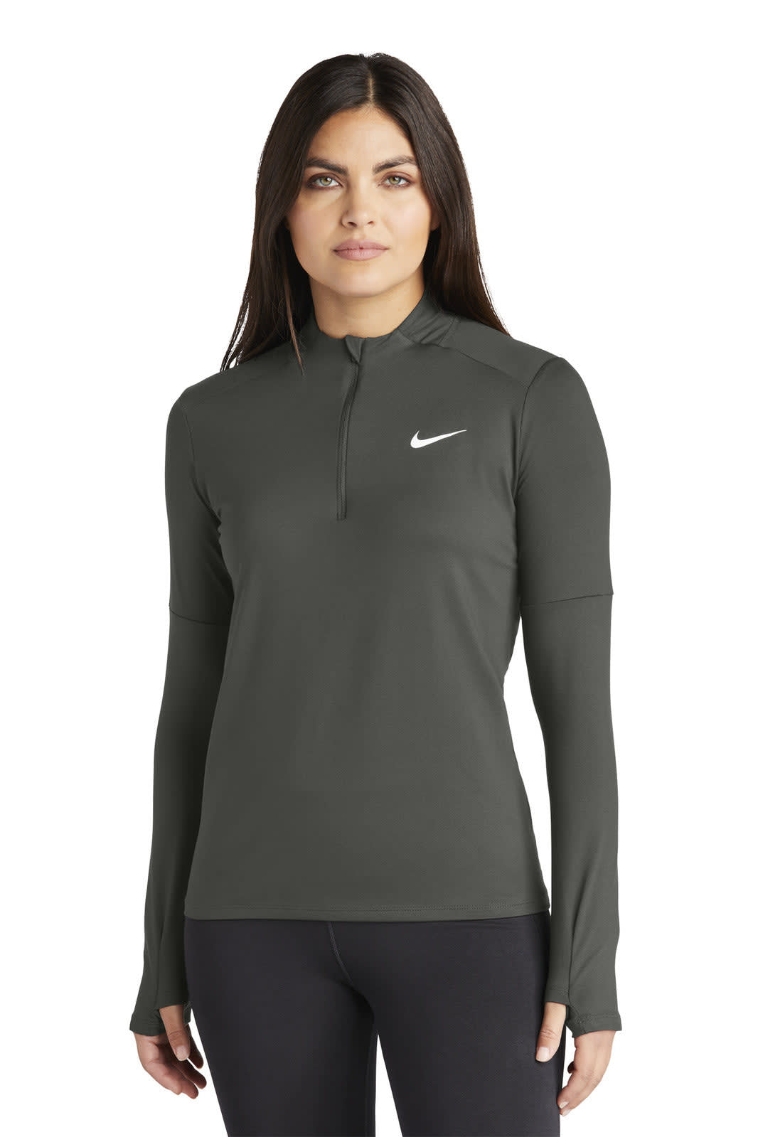 A women's dark green Nike Dri-FIT Element 1/2-Zip top with long sleeves and a logo.