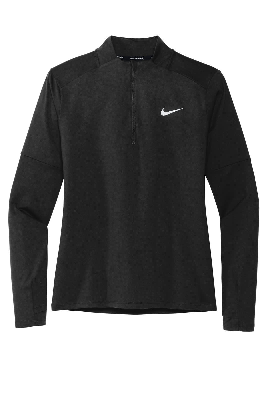 A black half-zip top with long sleeves and a logo, designed for women's active wear.