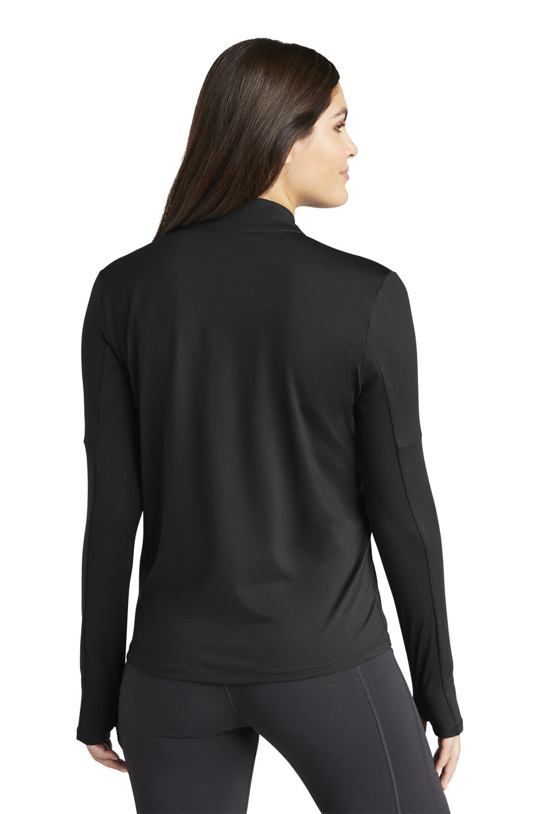 A black Nike ladies long-sleeve Dri-FIT Element 1/2-zip top with a fitted silhouette, featuring a logo.