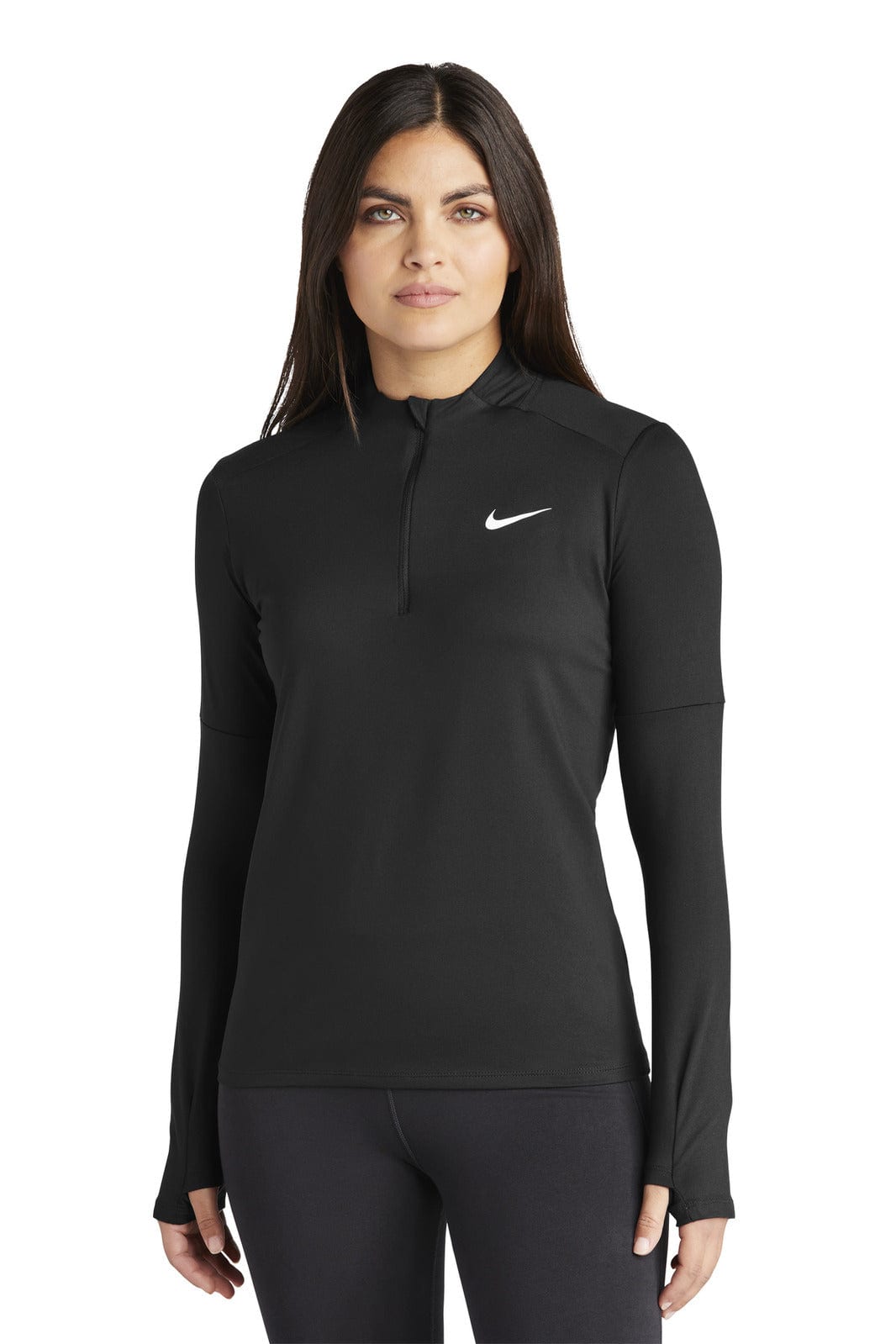 A black Dri-FIT half-zip top with long sleeves and a logo, designed for women.