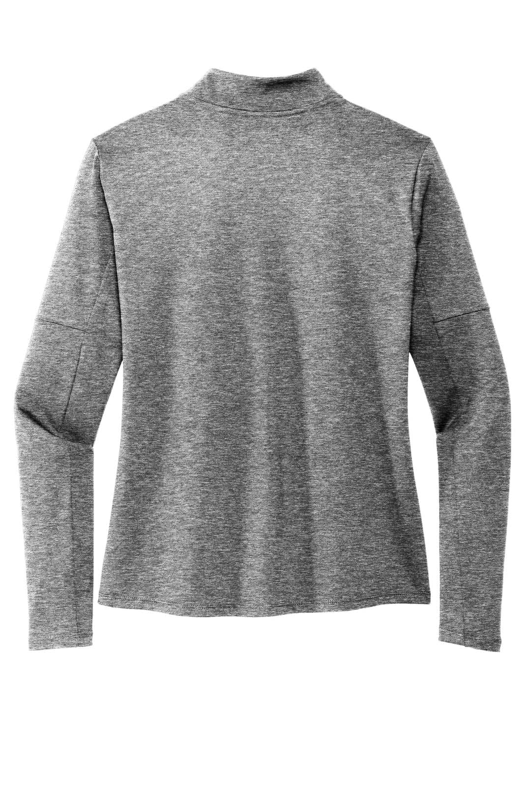 A grey half-zip top featuring long sleeves and a high collar. The back view highlights a simple design with a logo.