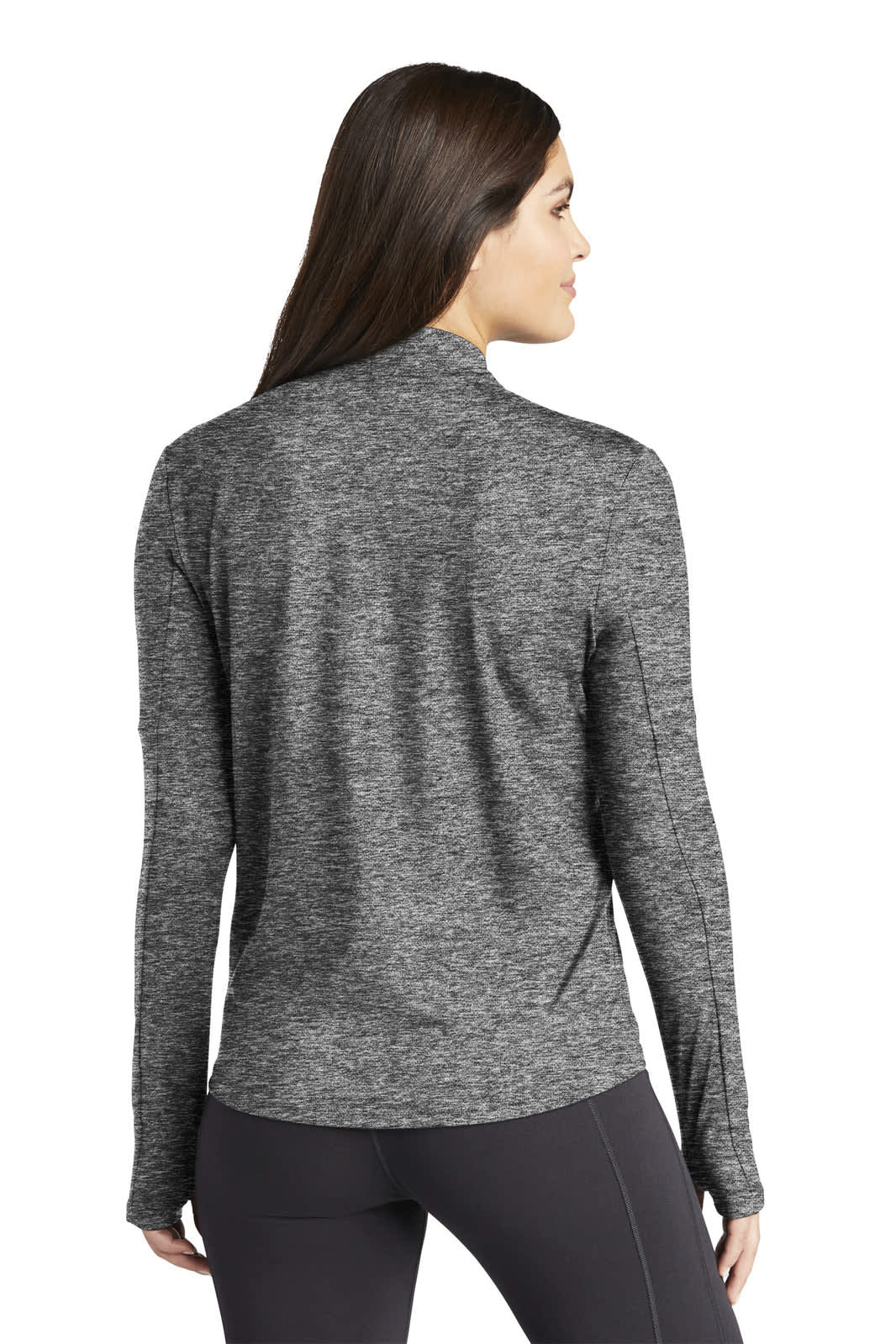 A grey long-sleeve top featuring a half-zip design at the neck and a logo on the back.