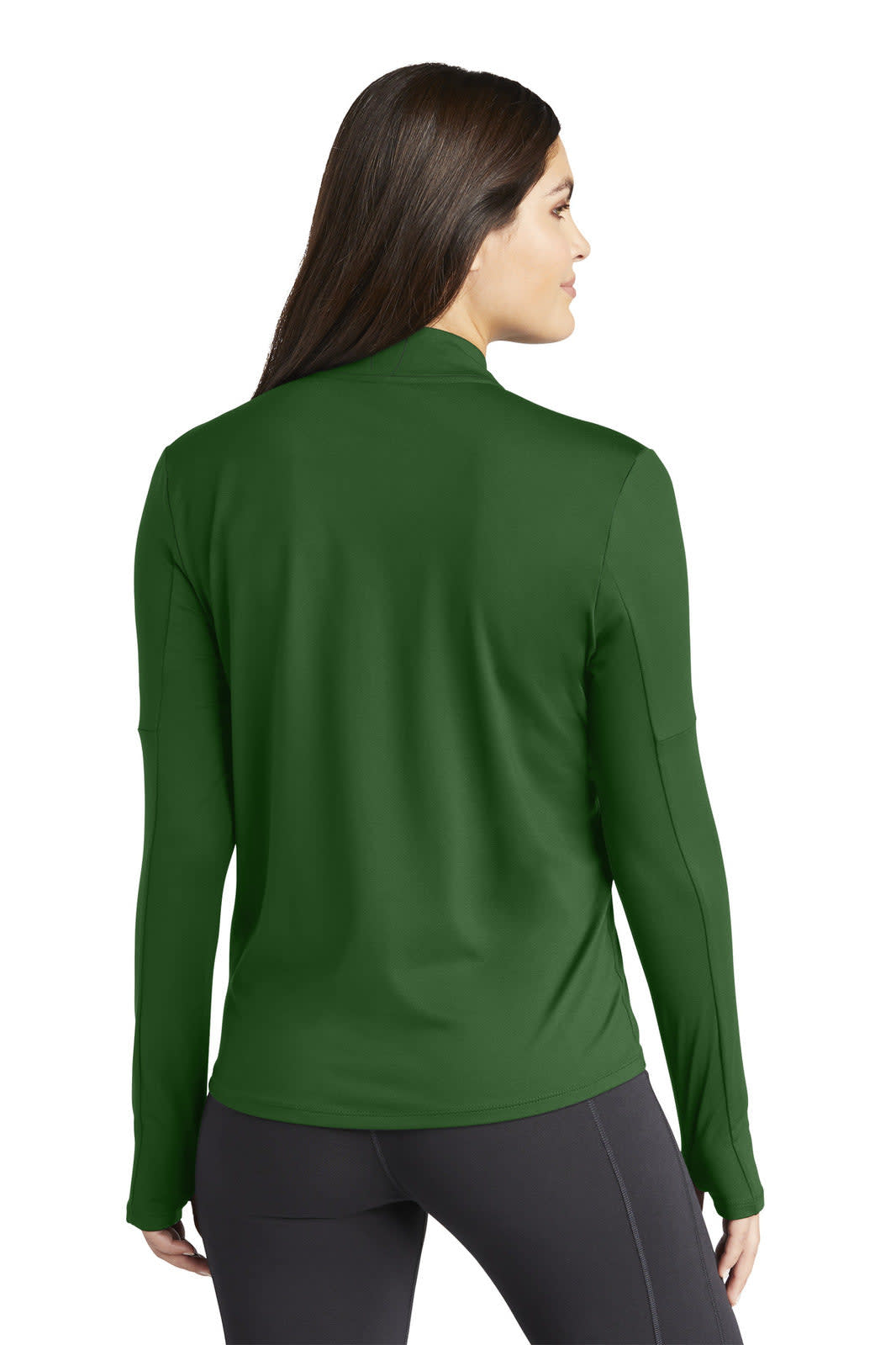 A green long-sleeve top with a half-zip design, featuring a logo, suitable for women's activewear.