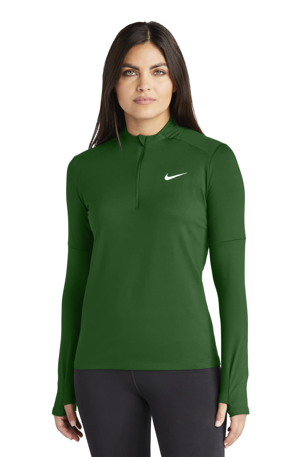 A green Nike Ladies Dri-FIT Element 1/2-Zip Top with long sleeves and a high collar, featuring a logo.