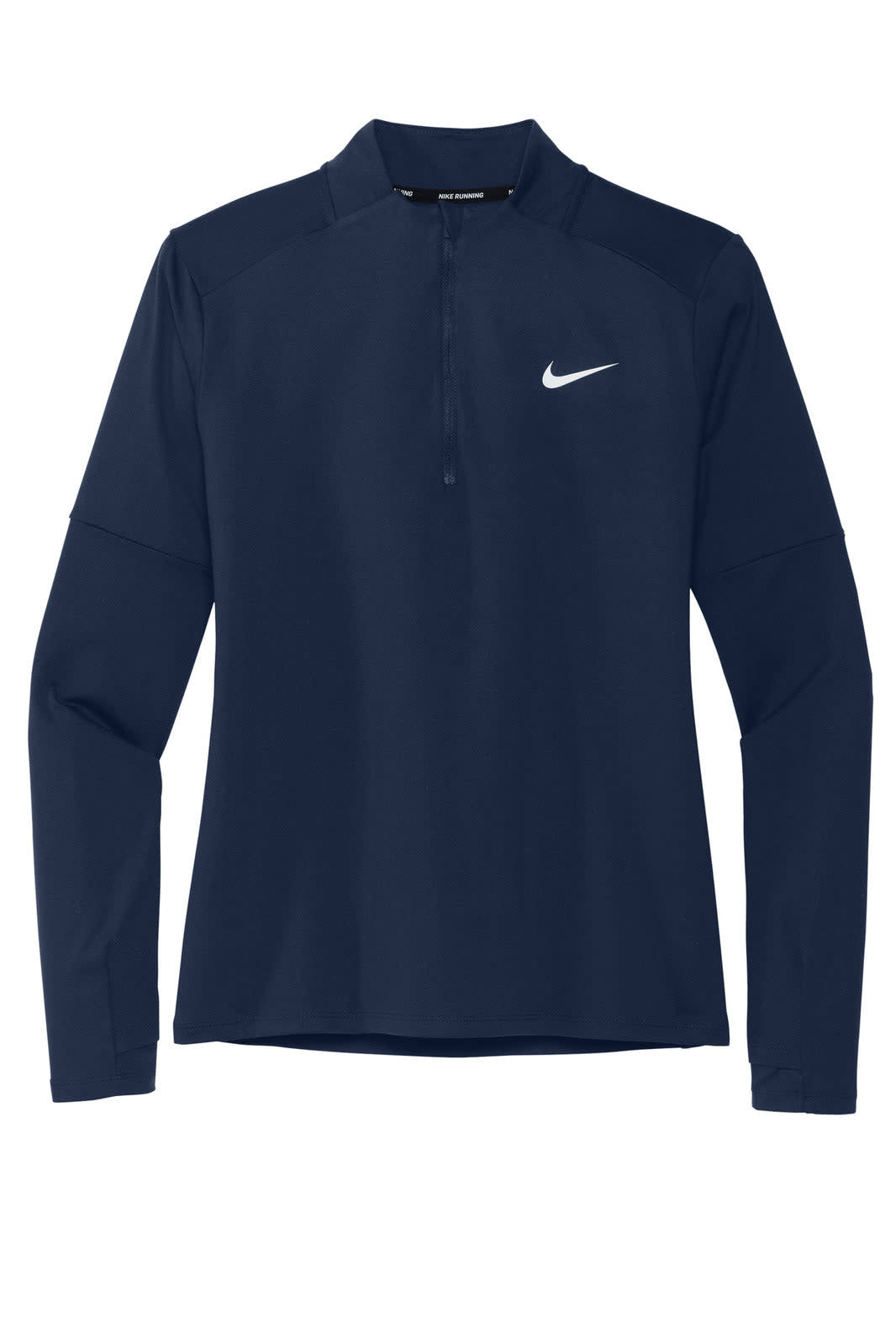 A navy Nike ladies' Dri-FIT Element 1/2-zip top with a logo on the front and long sleeves.