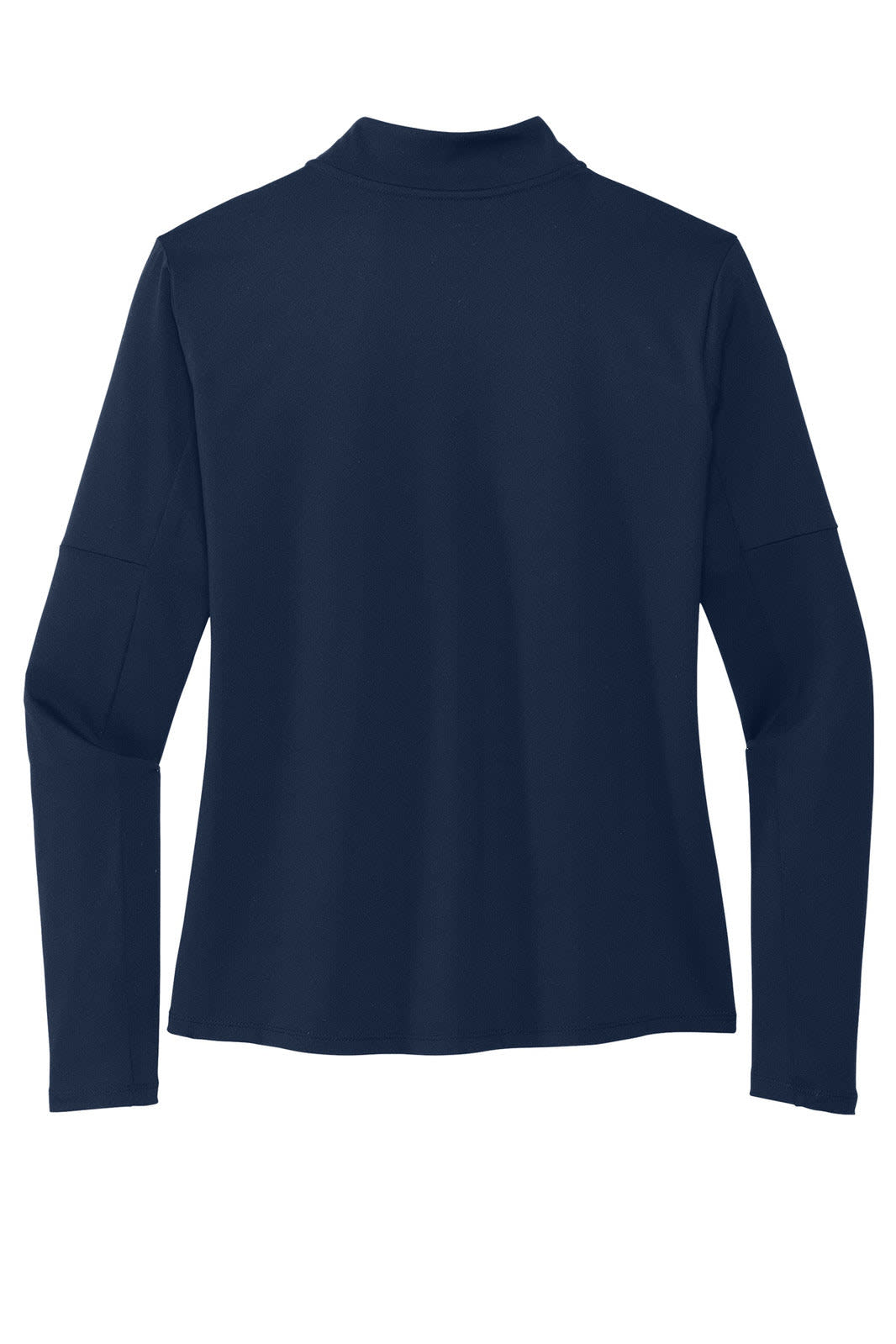 A navy blue women's long-sleeved top featuring a half-zip design and a logo on the back.