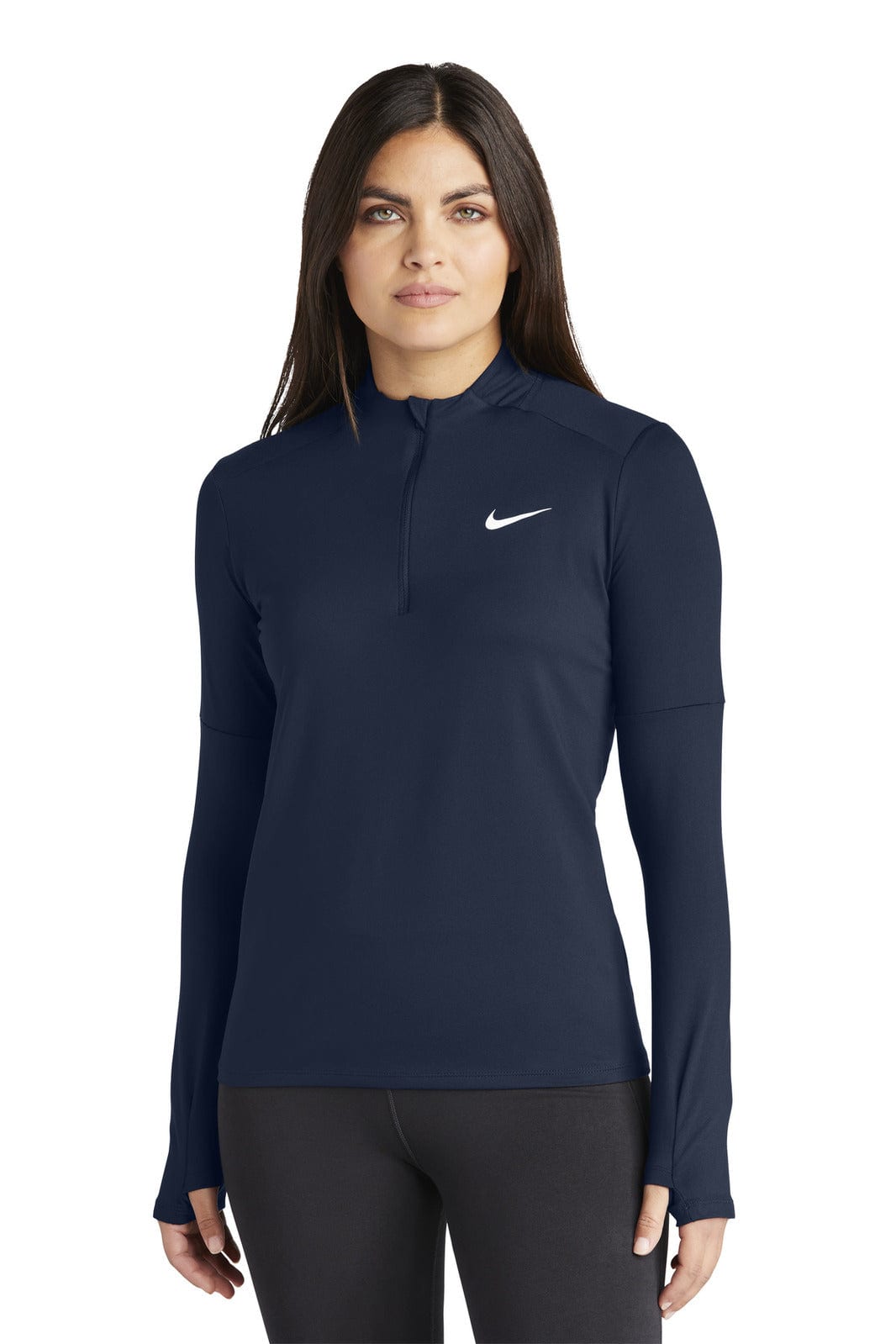 A navy blue long-sleeve 1/2-zip top with a fitted design and a logo.
