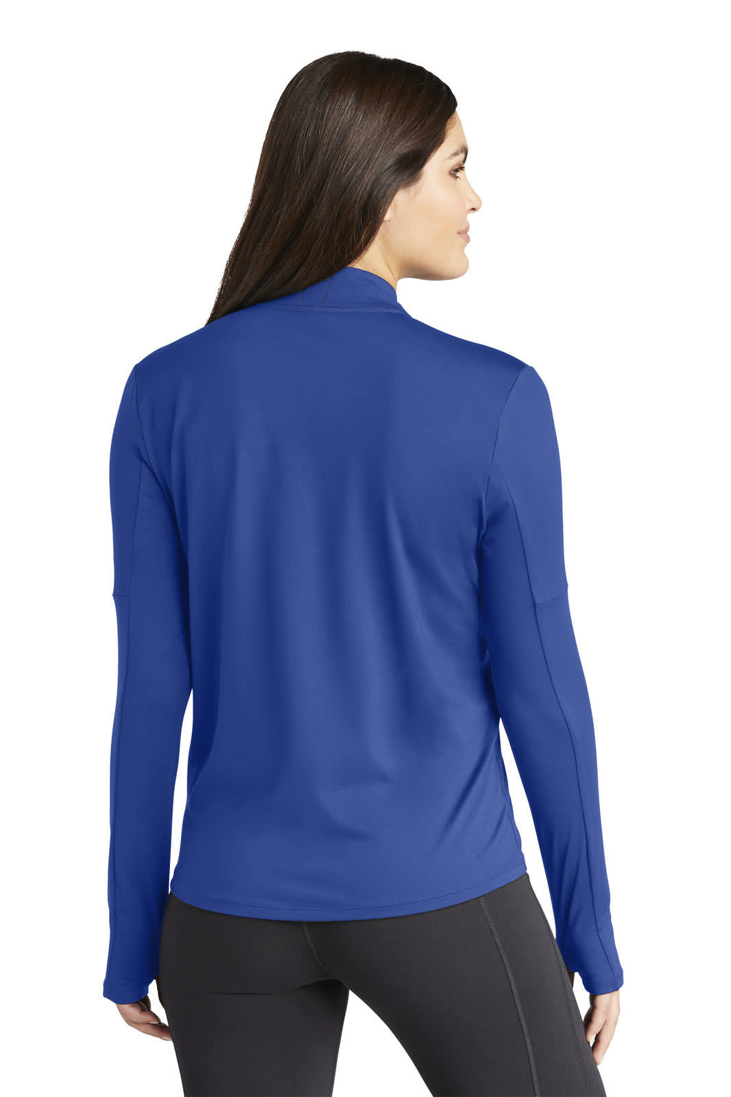 A blue Nike Ladies Dri-FIT Element 1/2-Zip Top featuring long sleeves and a collar, with a logo on the back.