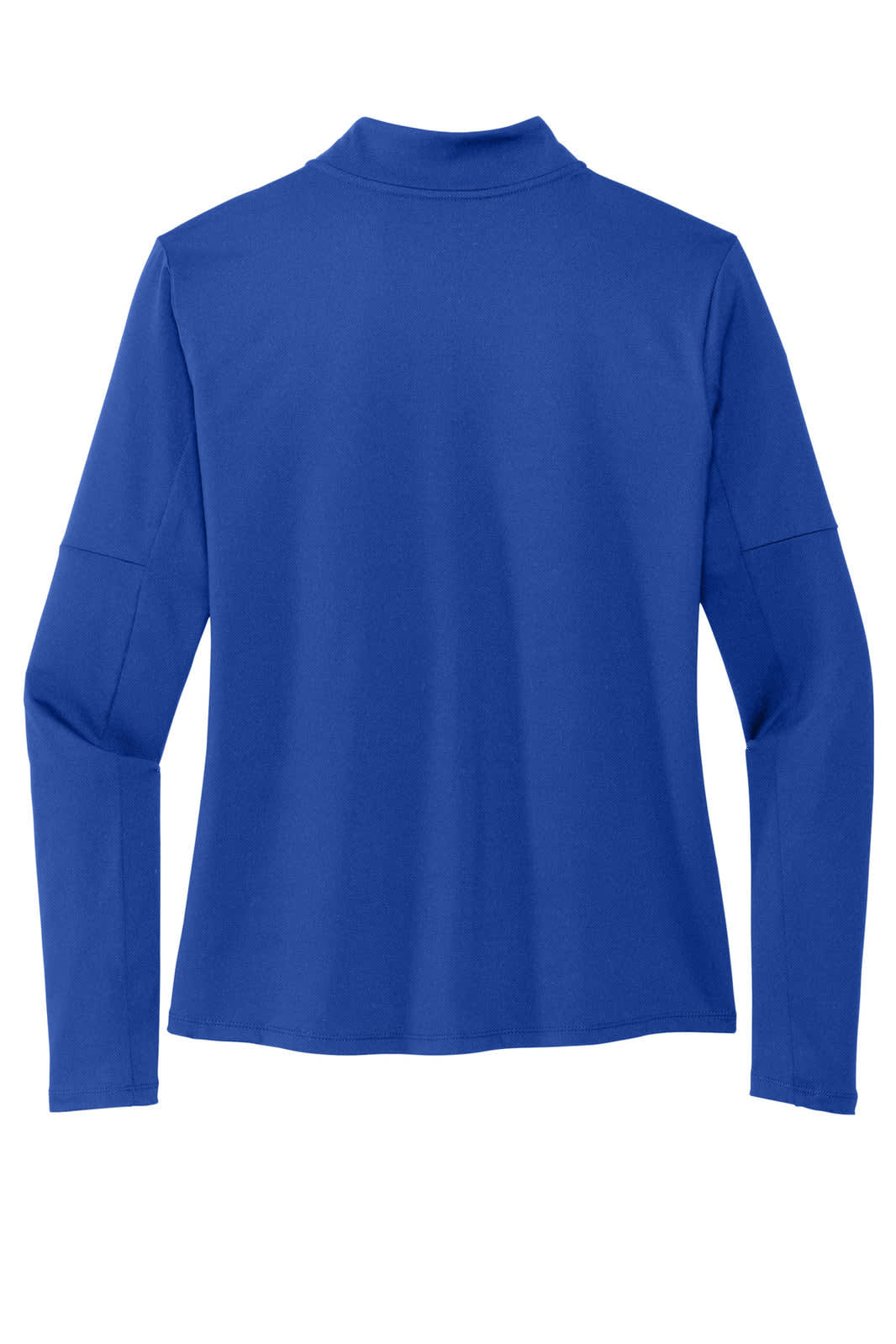 A blue Nike Dri-FIT ladies' 1/2-zip top featuring long sleeves and a high collar. The top has a branding logo.