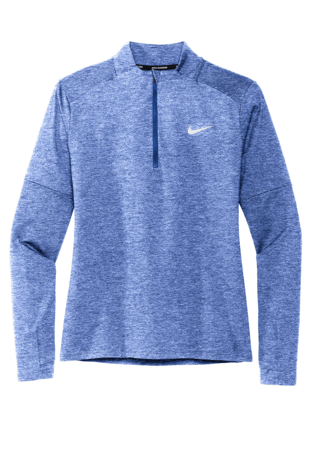 A blue Nike Ladies Dri-FIT Element 1/2-Zip Top featuring a collar and long sleeves, with a logo on the chest.