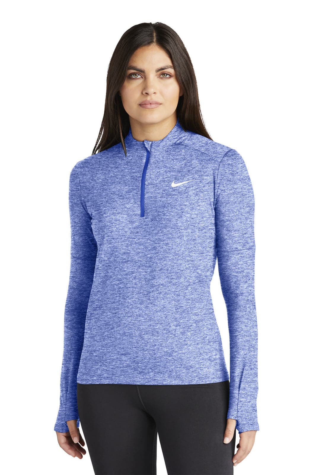 A blue Nike ladies' Dri-FIT Element 1/2-zip top with long sleeves and a high collar, featuring a branding logo.