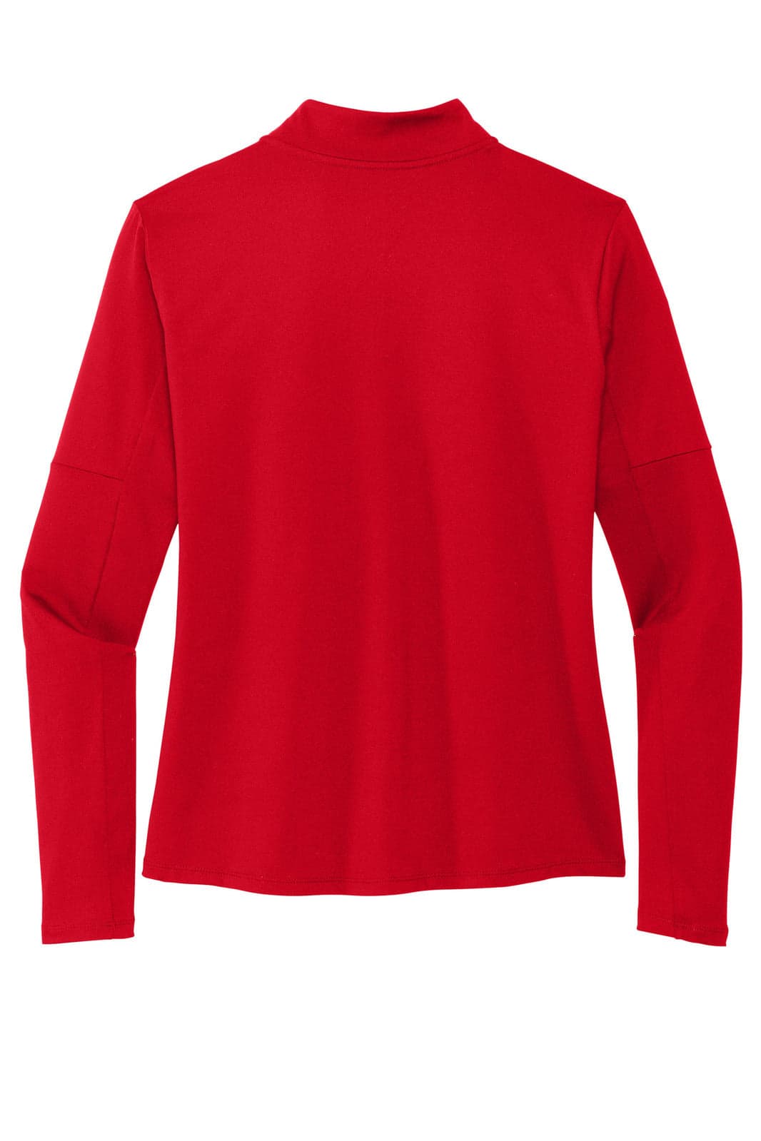 A red Nike ladies' Dri-FIT Element 1/2-zip top with long sleeves and a high collar. Features a logo.