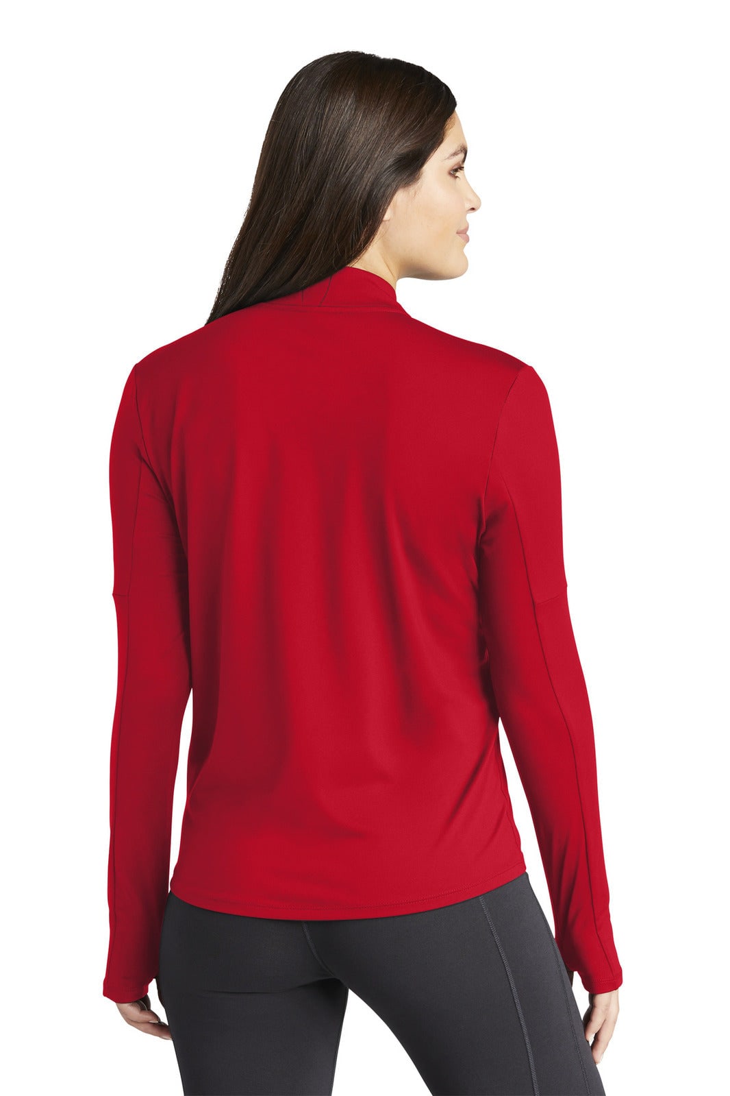 A red Nike ladies' Dri-FIT Element 1/2-zip top with long sleeves, featuring a logo on the back.