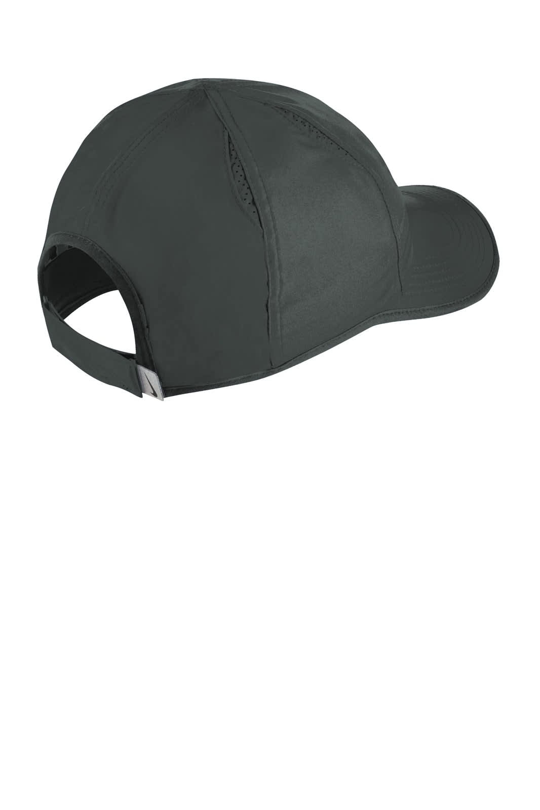 A dark grey Nike Featherlight cap featuring a curved brim and adjustable strap at the back.