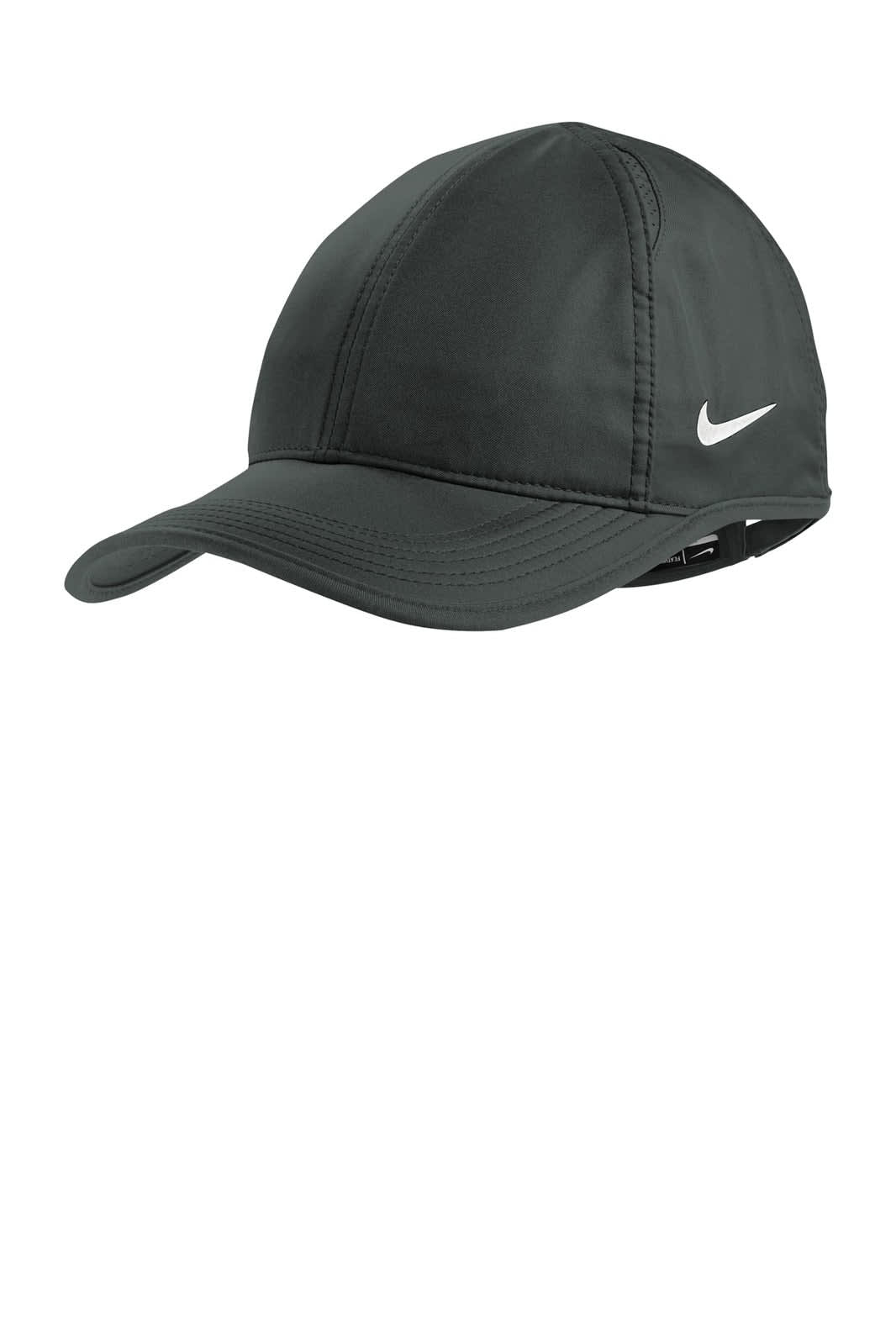A dark grey Nike Featherlight Cap with a branded logo, featuring a structured design and adjustable strap.