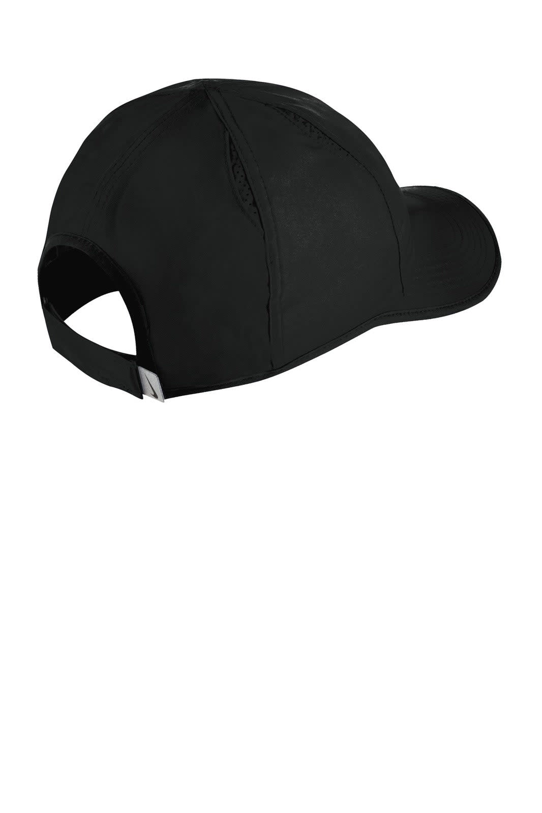 A black Nike Featherlight Cap featuring a simple design and a back adjustable strap.