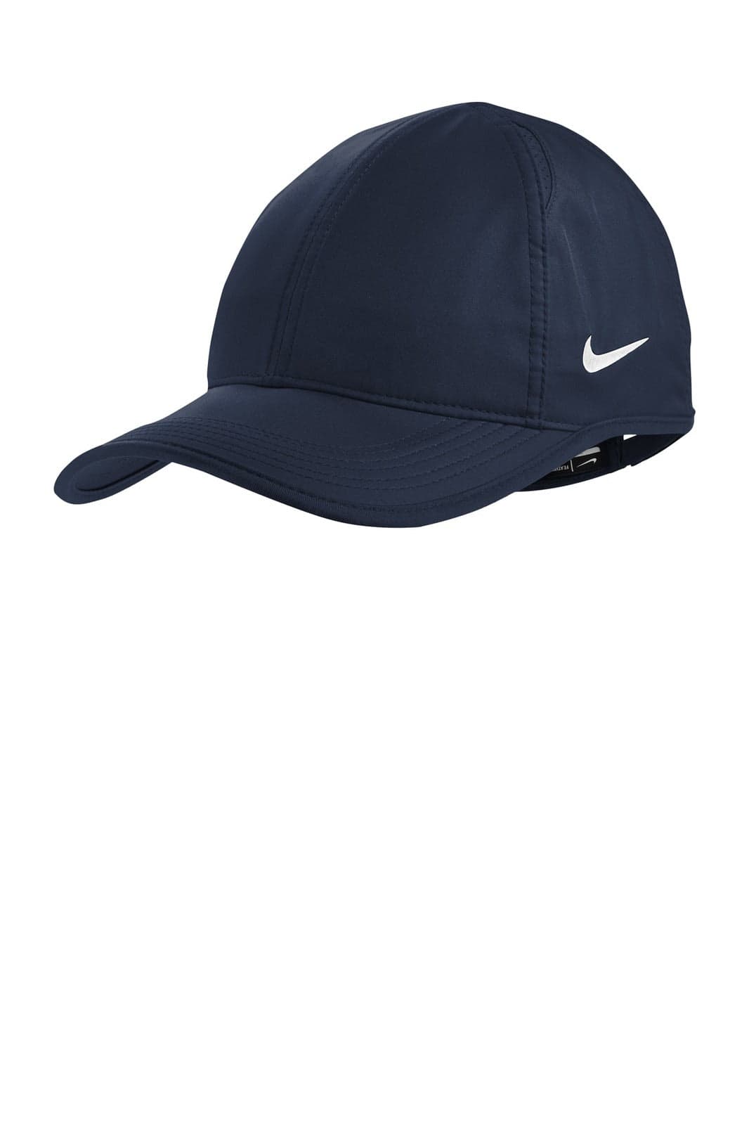 A navy Nike Featherlight cap featuring a curved brim and a logo. Suitable for various outdoor activities.