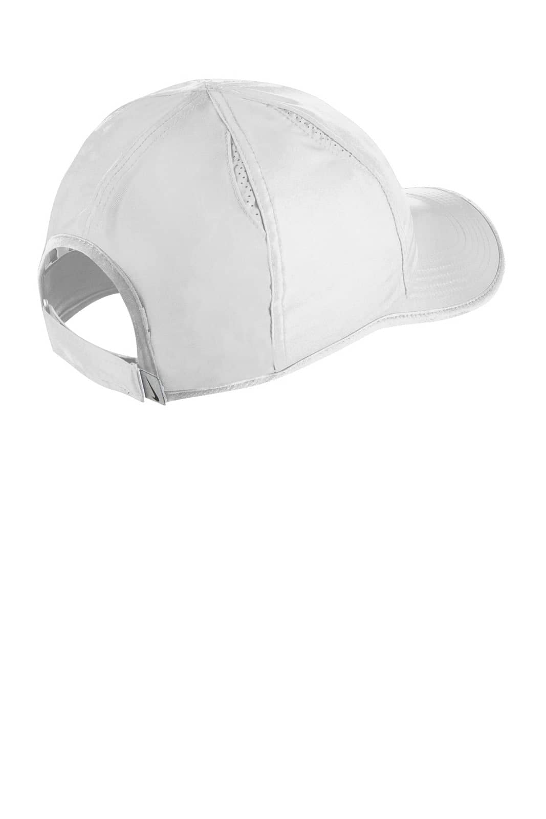A white Nike Featherlight cap featuring a curved peak and adjustable strap at the back. The cap has ventilation panels.