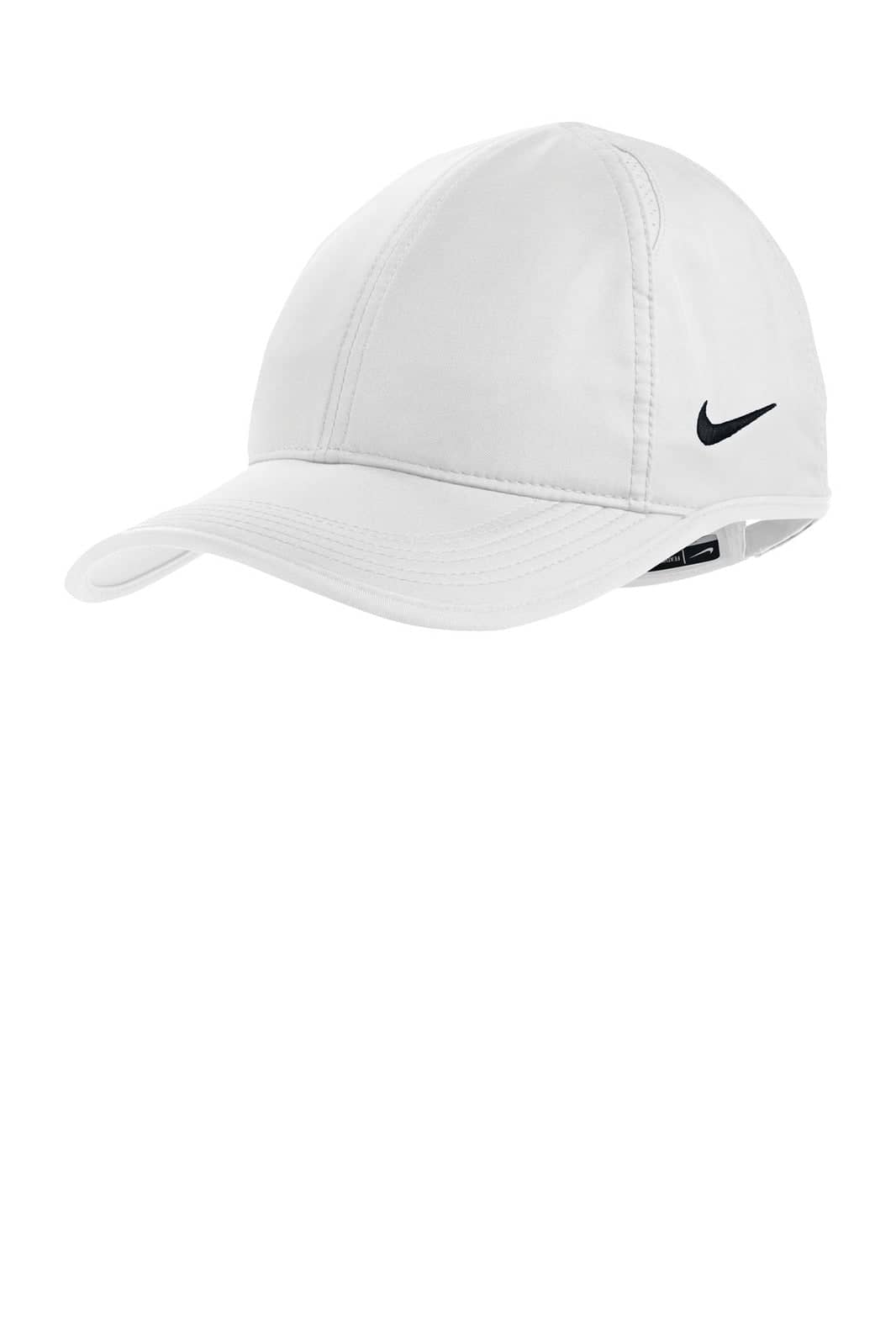 A white cap with a curved brim and a branded logo on the side. It features a lightweight design for comfort.