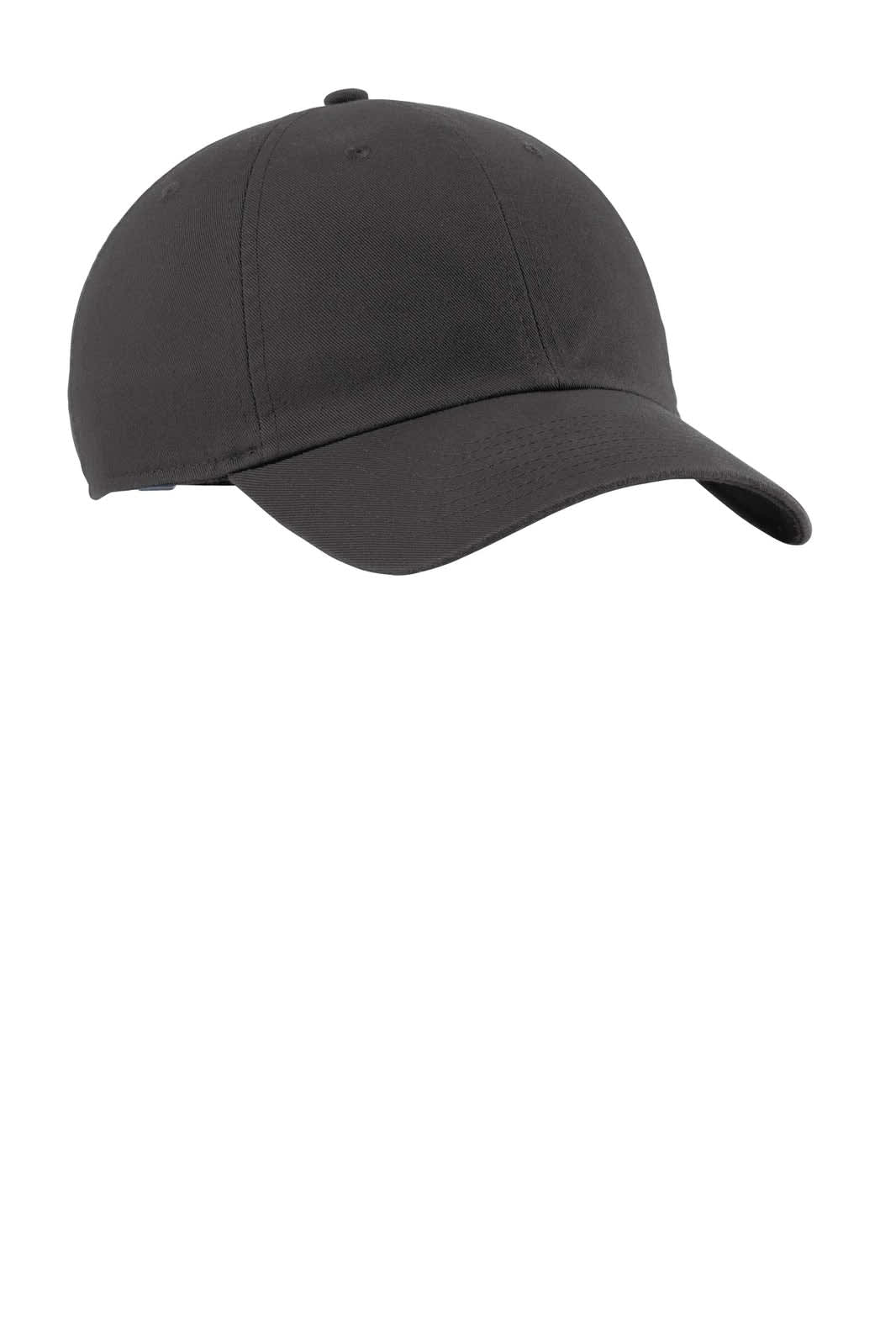 A black cap featuring a curved brim and a logo on the front. Suitable for casual wear or sports activities.