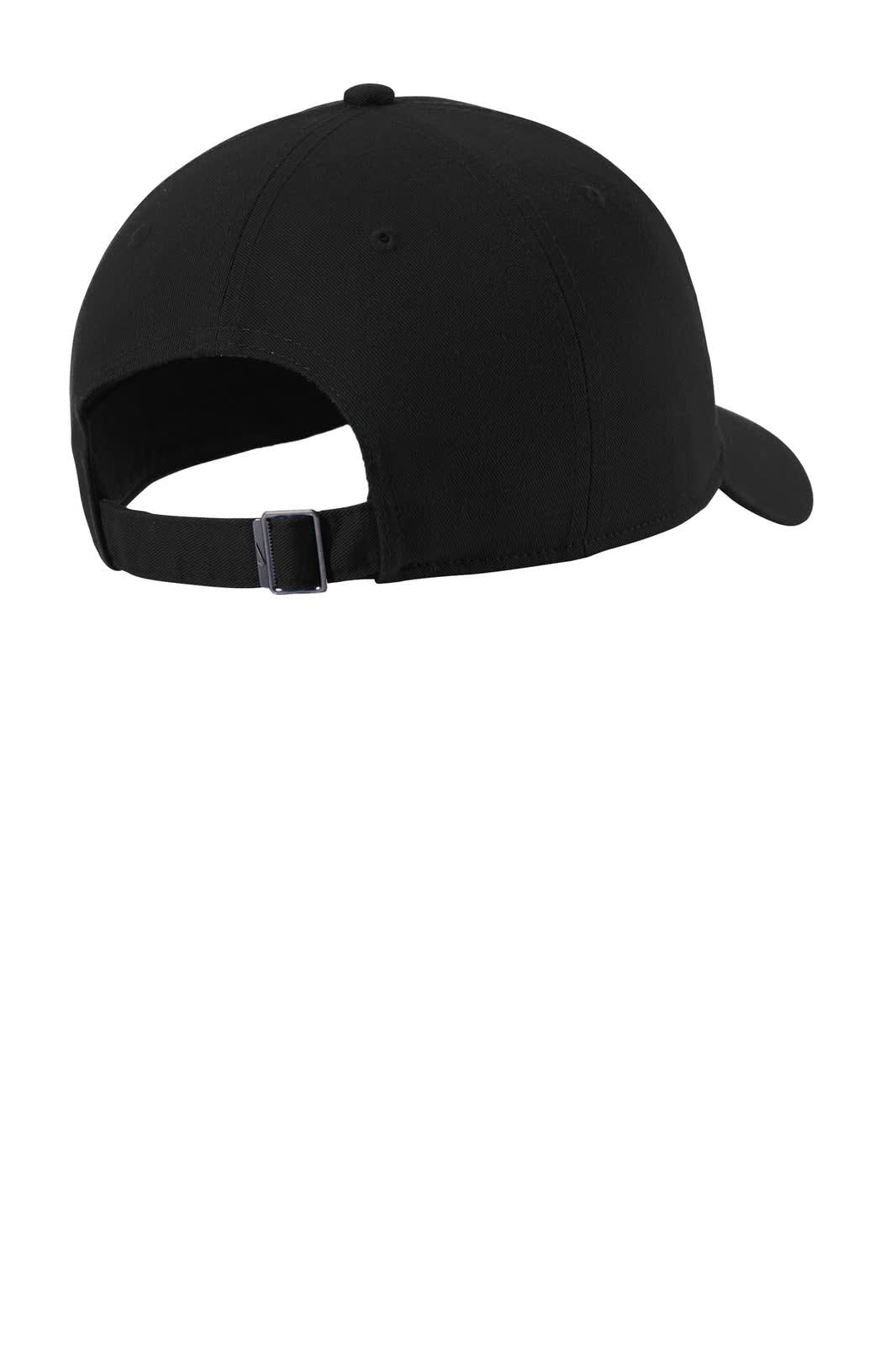 A black cap featuring a rear adjustable strap and a curved brim. It includes a logo on the front.