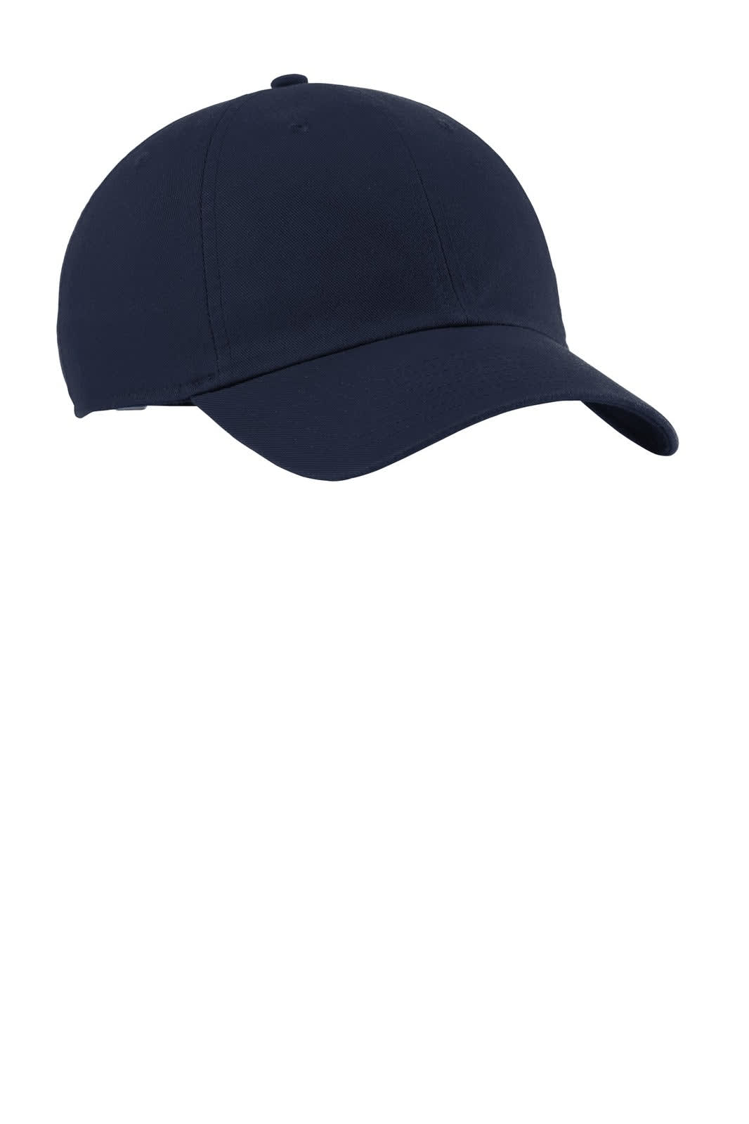 A navy blue cap with a curved brim and an adjustable strap, featuring a logo.