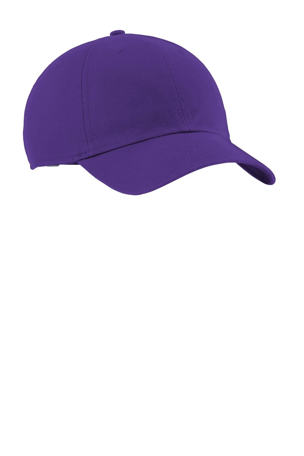 A purple cap with a curved brim and an adjustable strap, featuring a logo on the front.