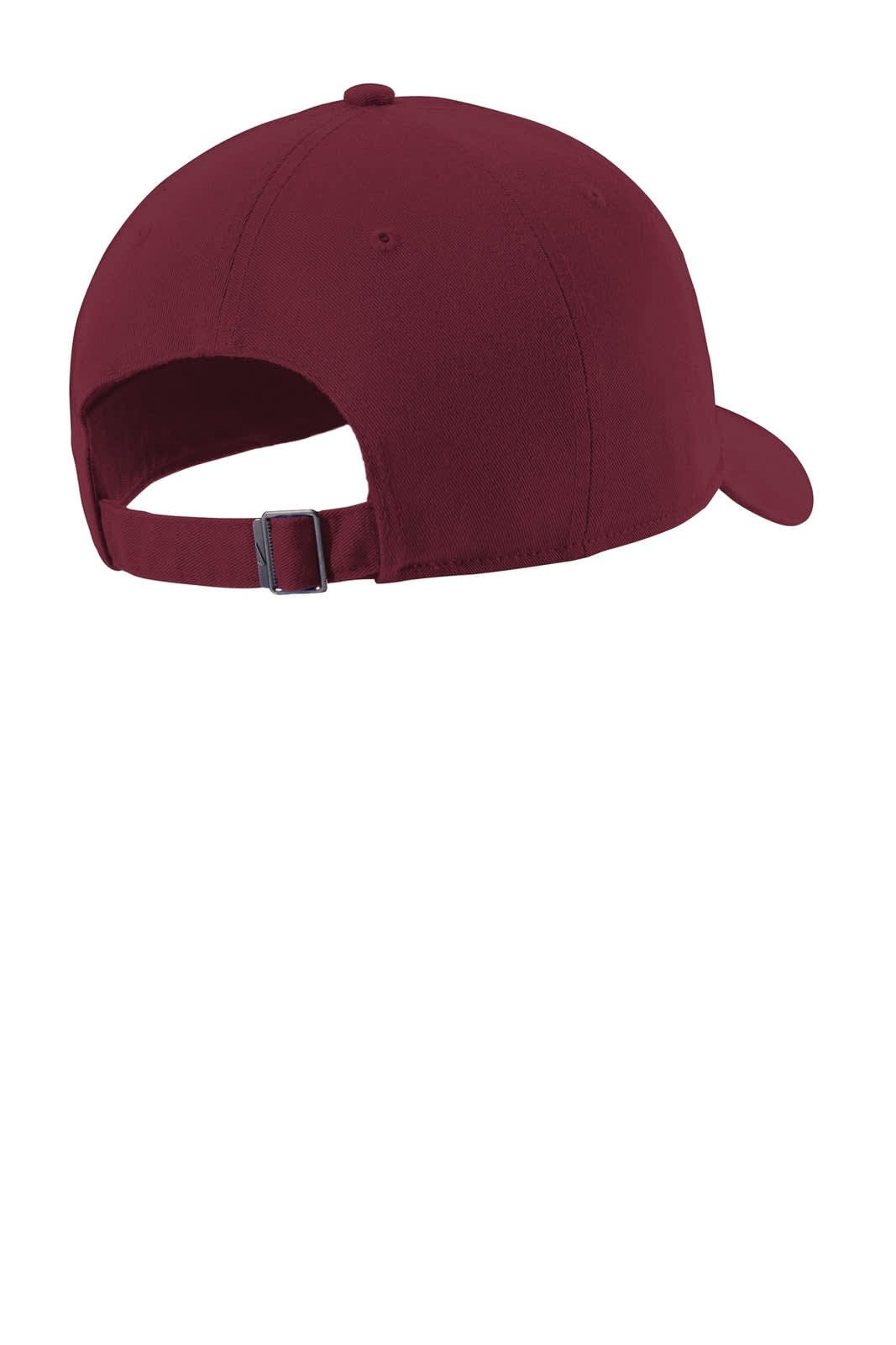 A burgundy cap featuring a curved brim and adjustable back strap, with a logo on the side.