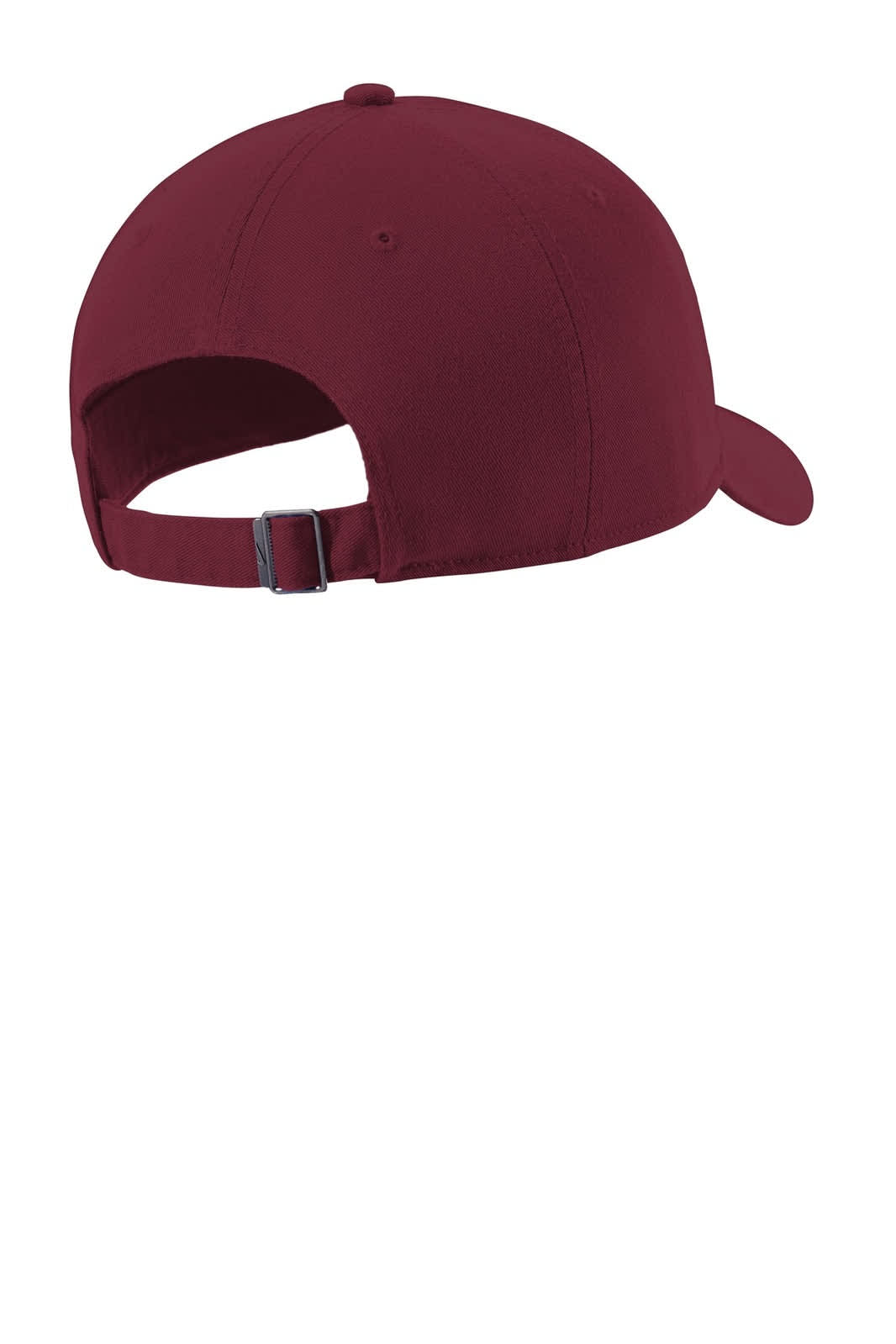 A maroon cap with a curved brim and adjustable strap at the back, featuring a logo.
