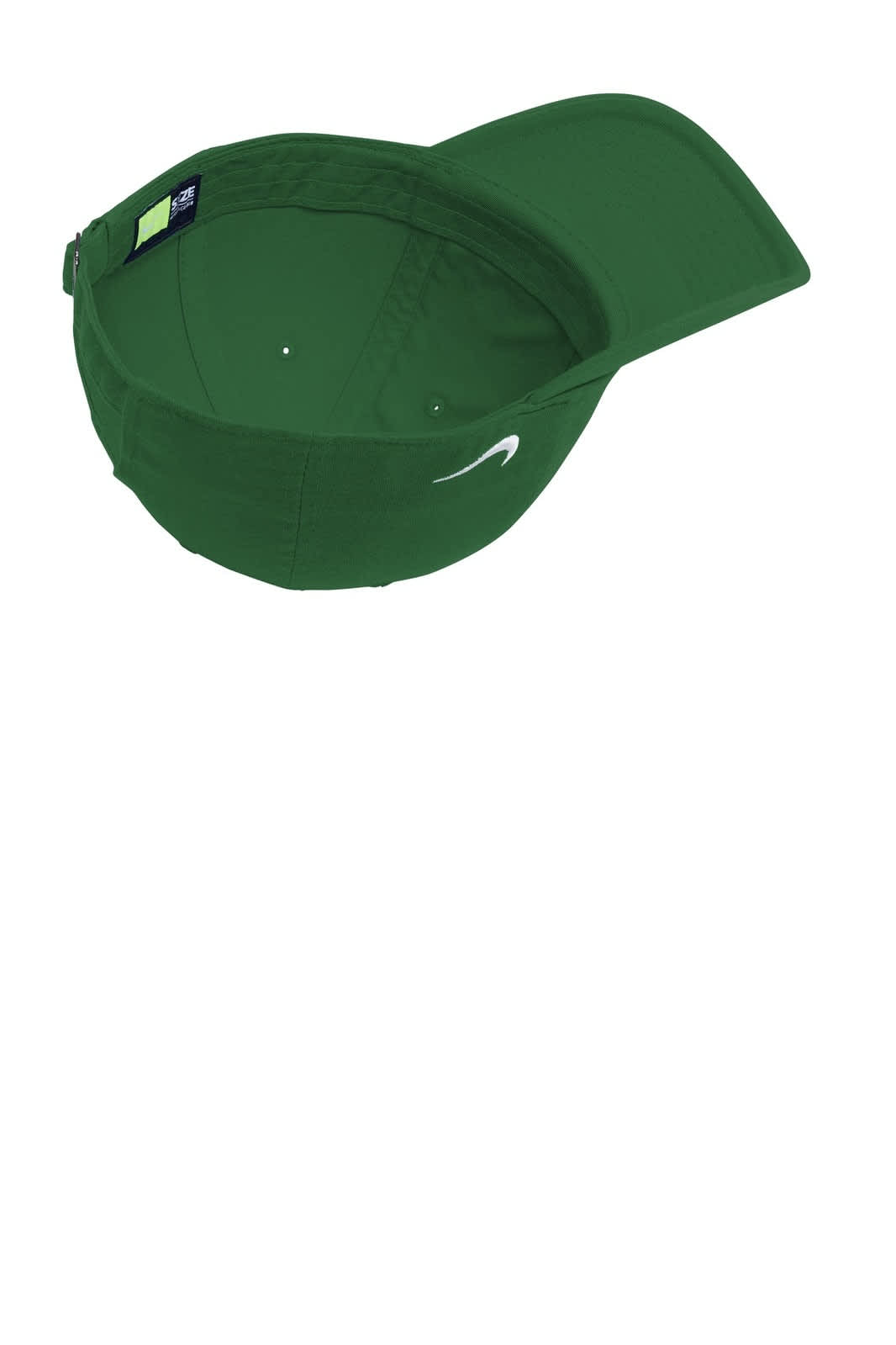 A green Nike Heritage 86 cap with a curved brim and a branding logo. The interior is visible, showcasing its design.