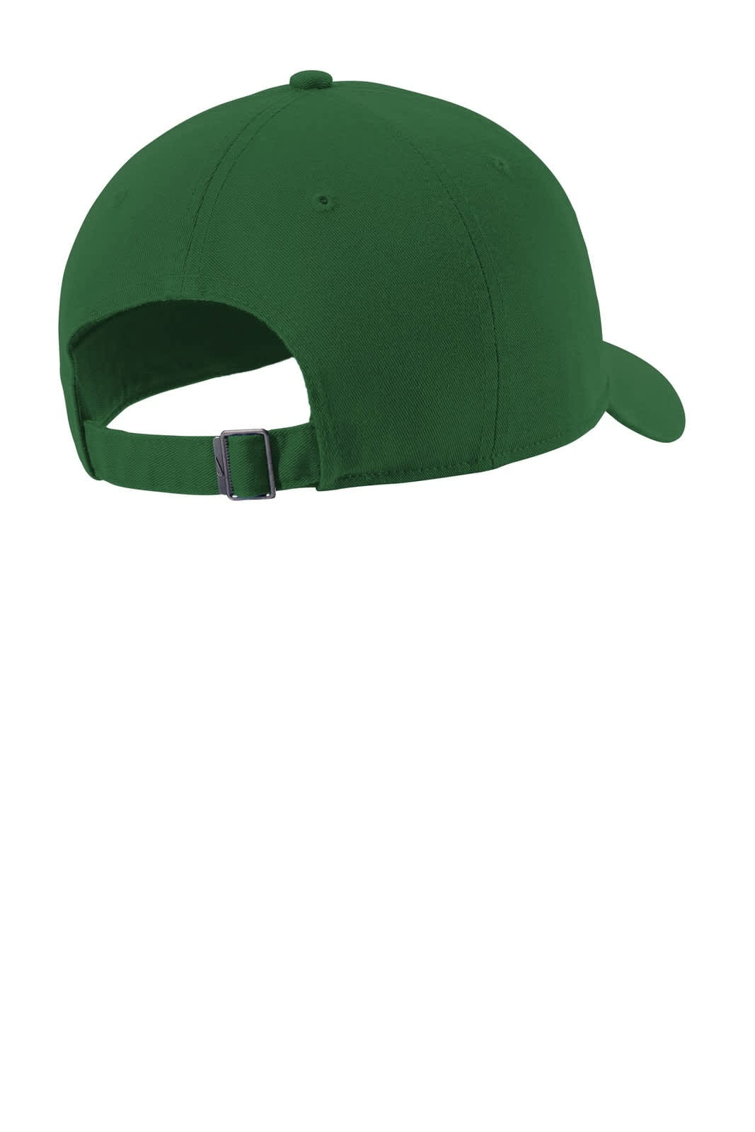 A dark green cap featuring a curved brim and an adjustable back strap. It has a logo on the side.