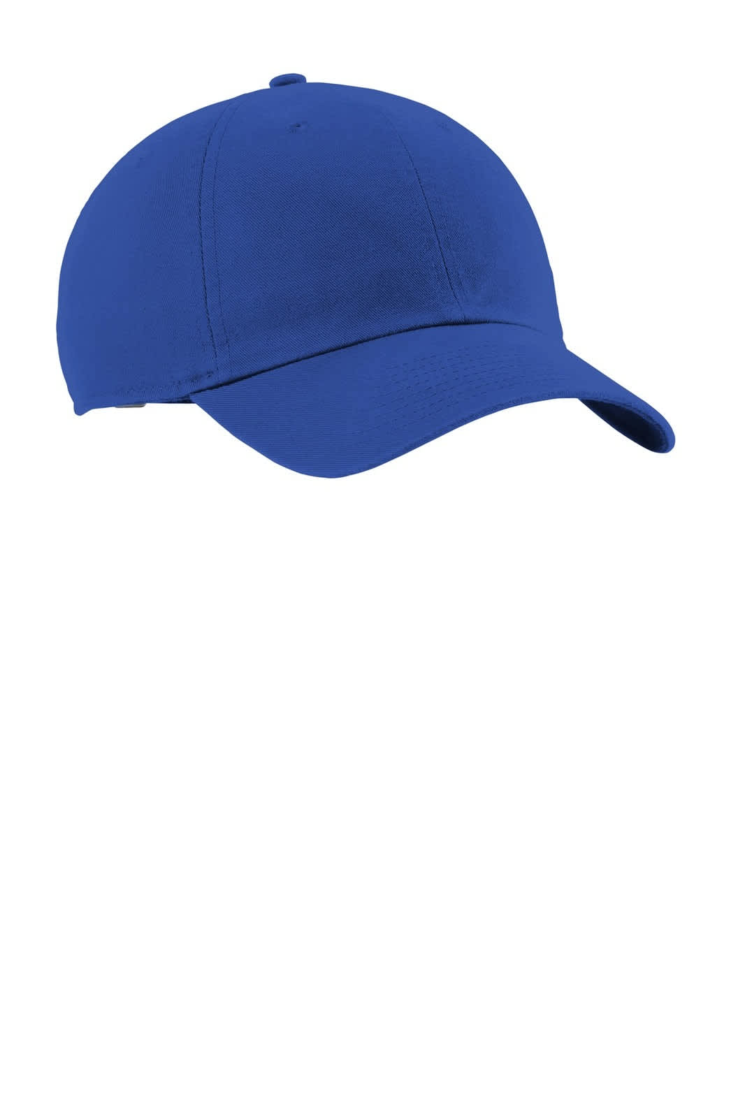 A blue cap featuring a curved brim and a structured design, with a logo on the front.
