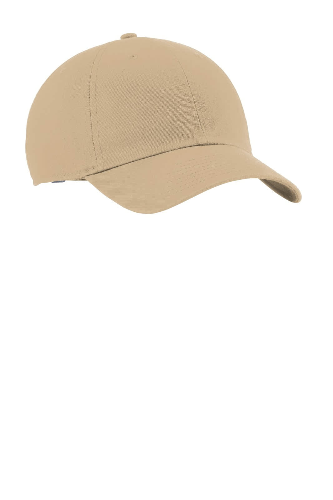 A beige cap with a rounded crown and a curved brim, featuring a logo on the front.
